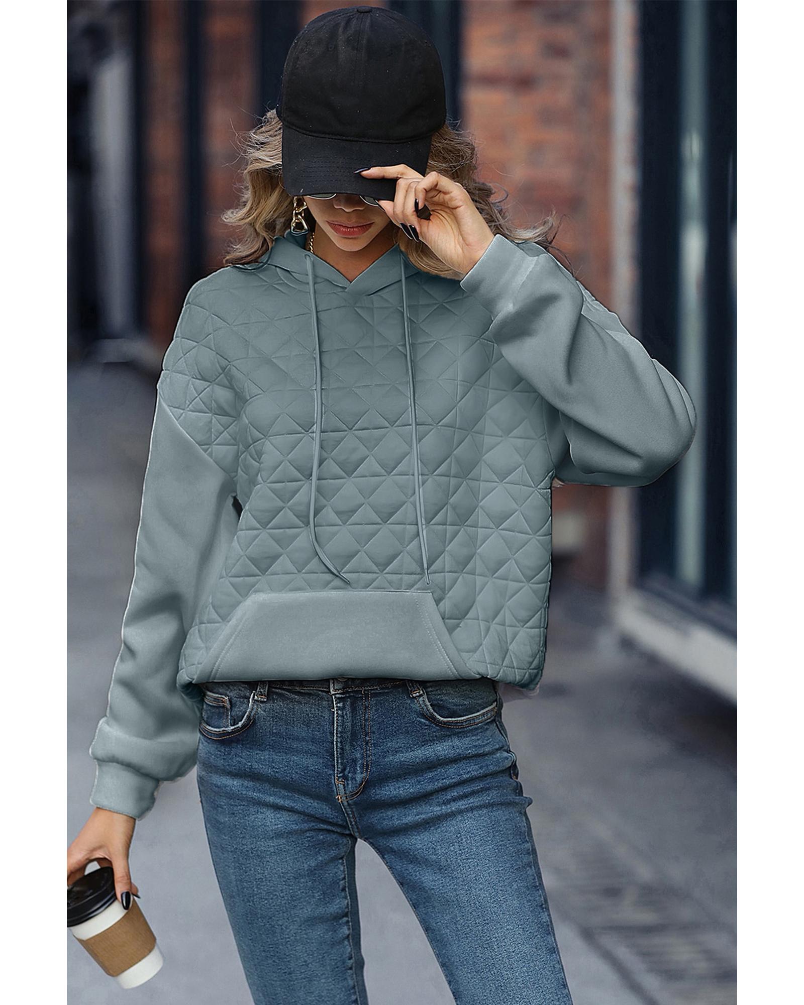 Light Grey Drop Shoulder Quilted Patchwork Kangaroo Pocket Hoodie - M 3