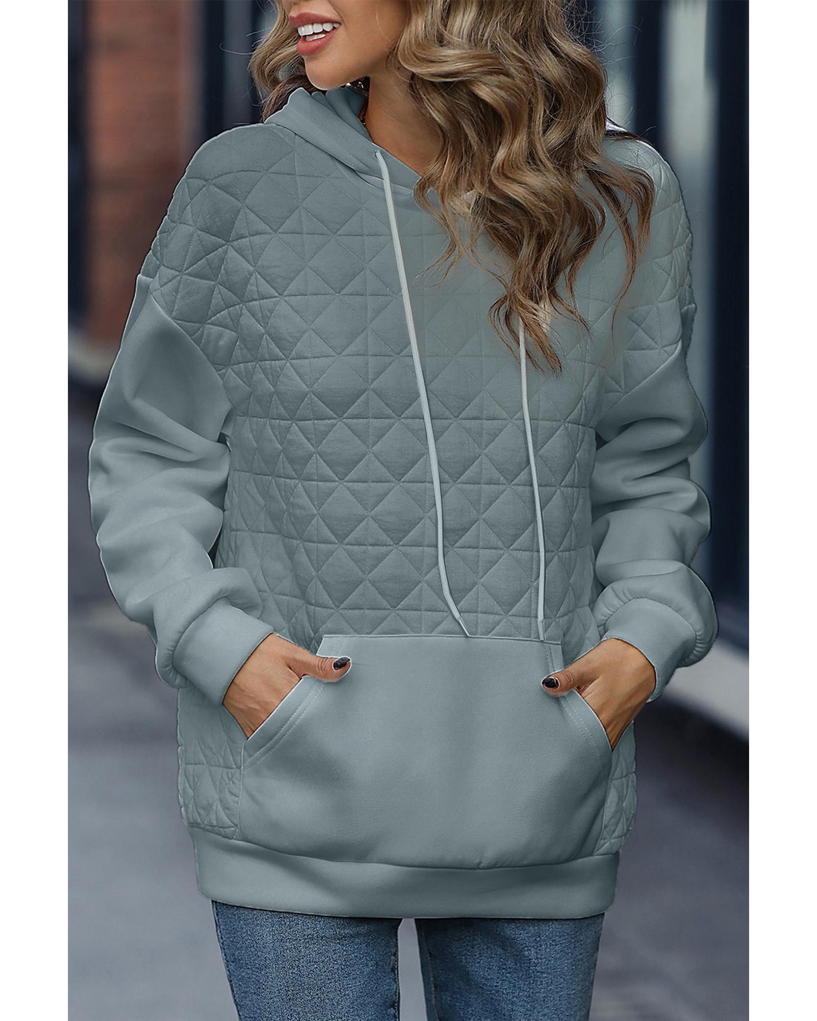 Light Grey Drop Shoulder Quilted Patchwork Kangaroo Pocket Hoodie - XL 4