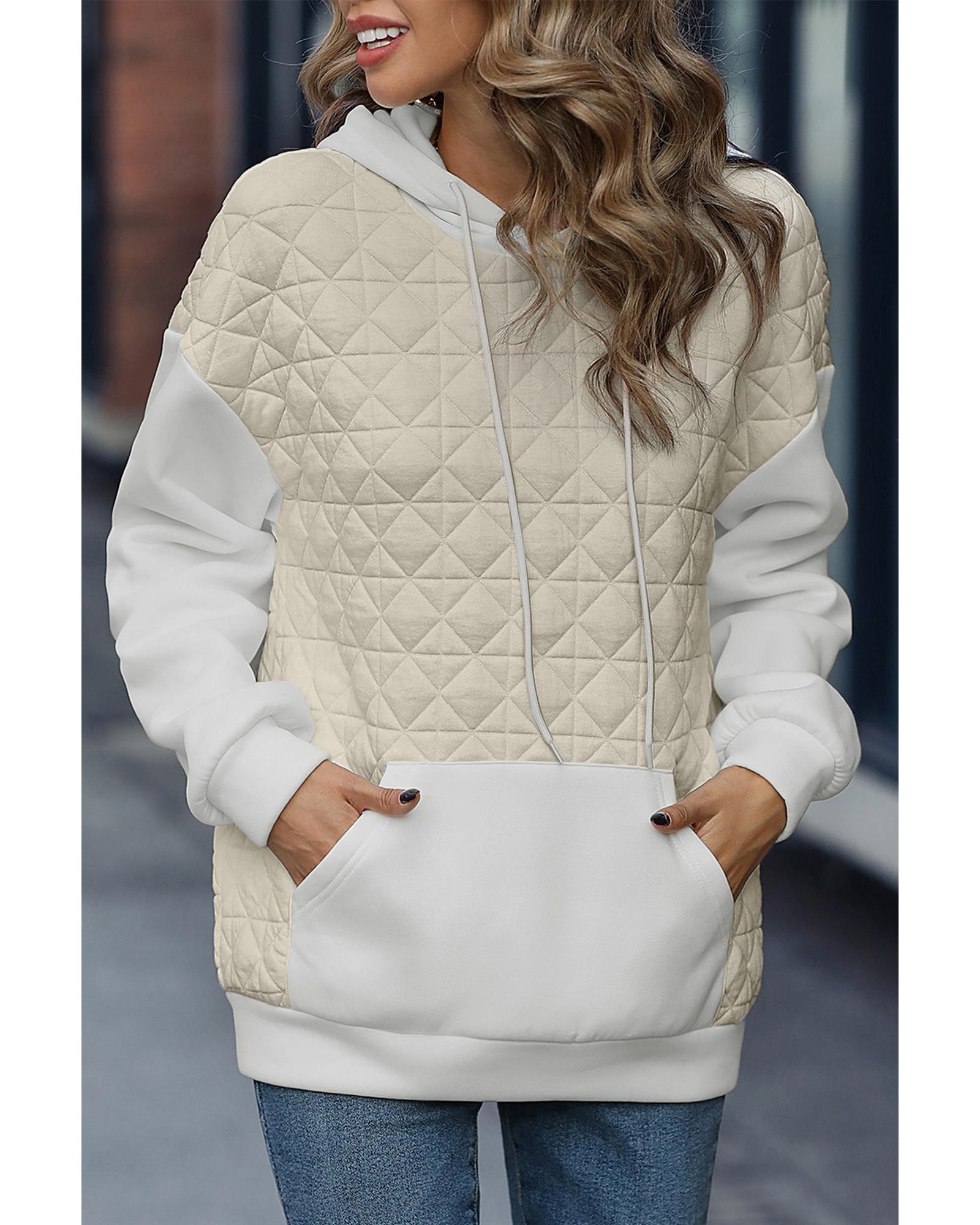 Beige Drop Shoulder Quilted Patchwork Kangaroo Pocket Hoodie - L