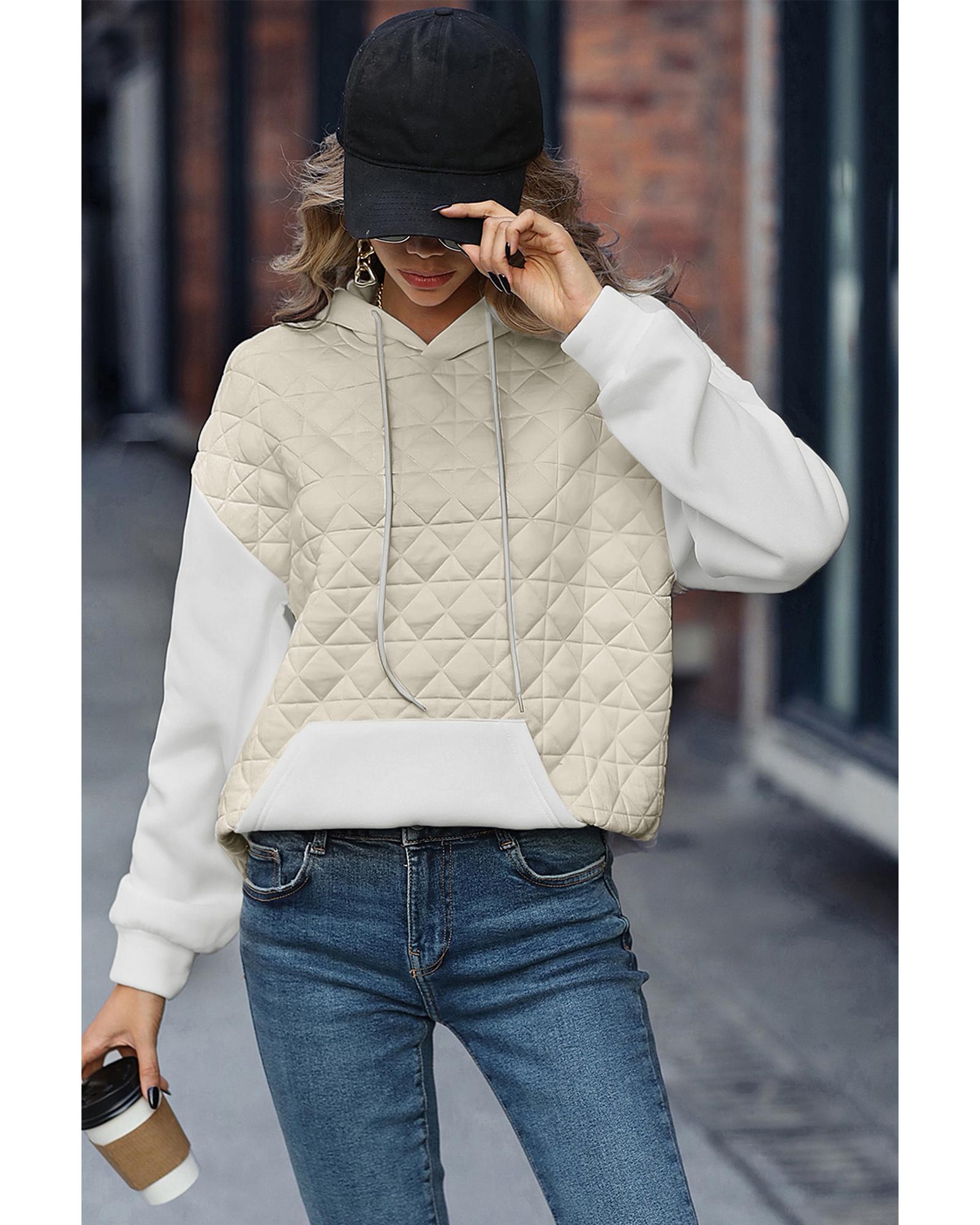 Beige Drop Shoulder Quilted Patchwork Kangaroo Pocket Hoodie - S 3