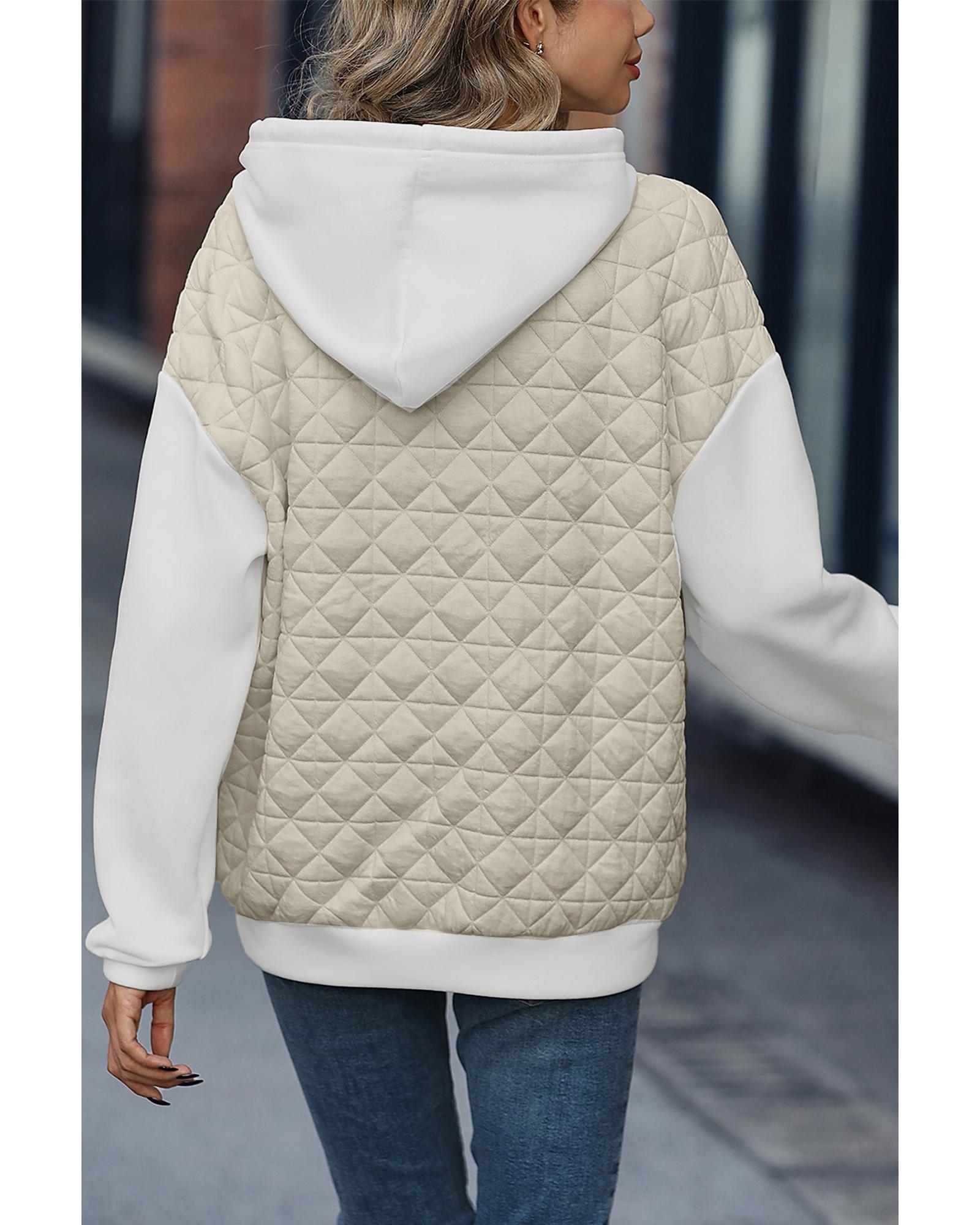 Beige Drop Shoulder Quilted Patchwork Kangaroo Pocket Hoodie - XL 4