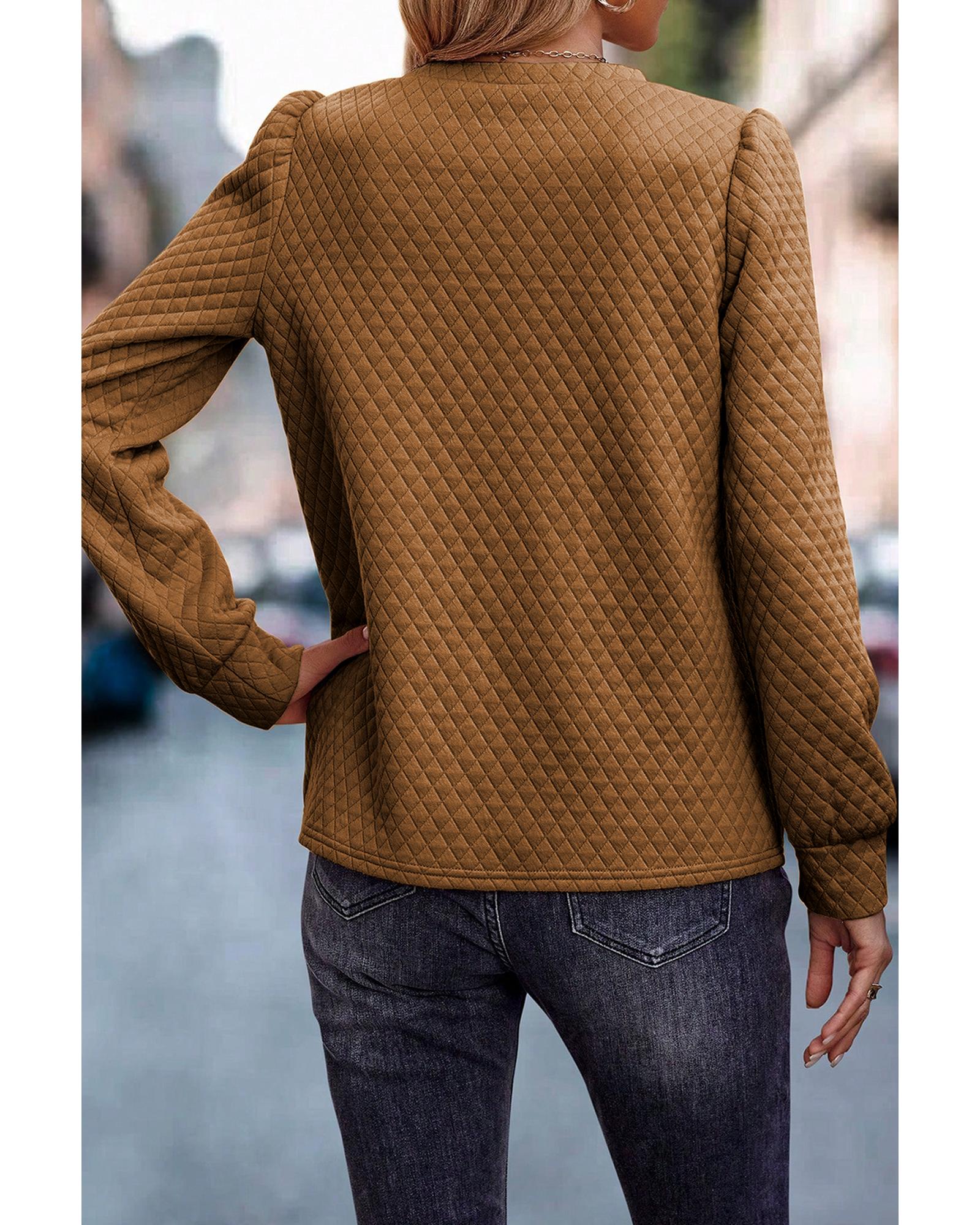 Brown Solid Color Quilted Puff Sleeve Pullover Sweatshirt - M