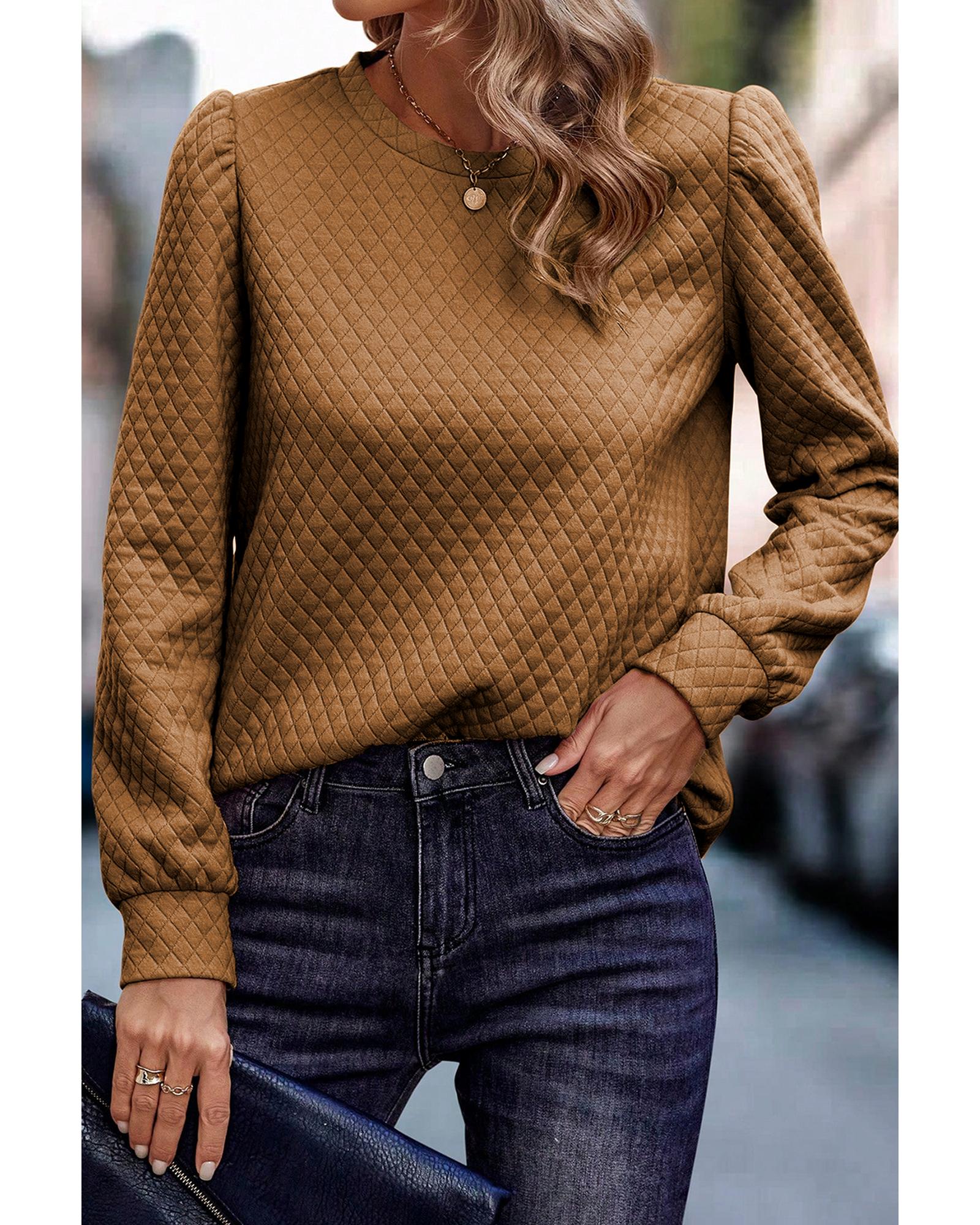 Brown Solid Color Quilted Puff Sleeve Pullover Sweatshirt - XL