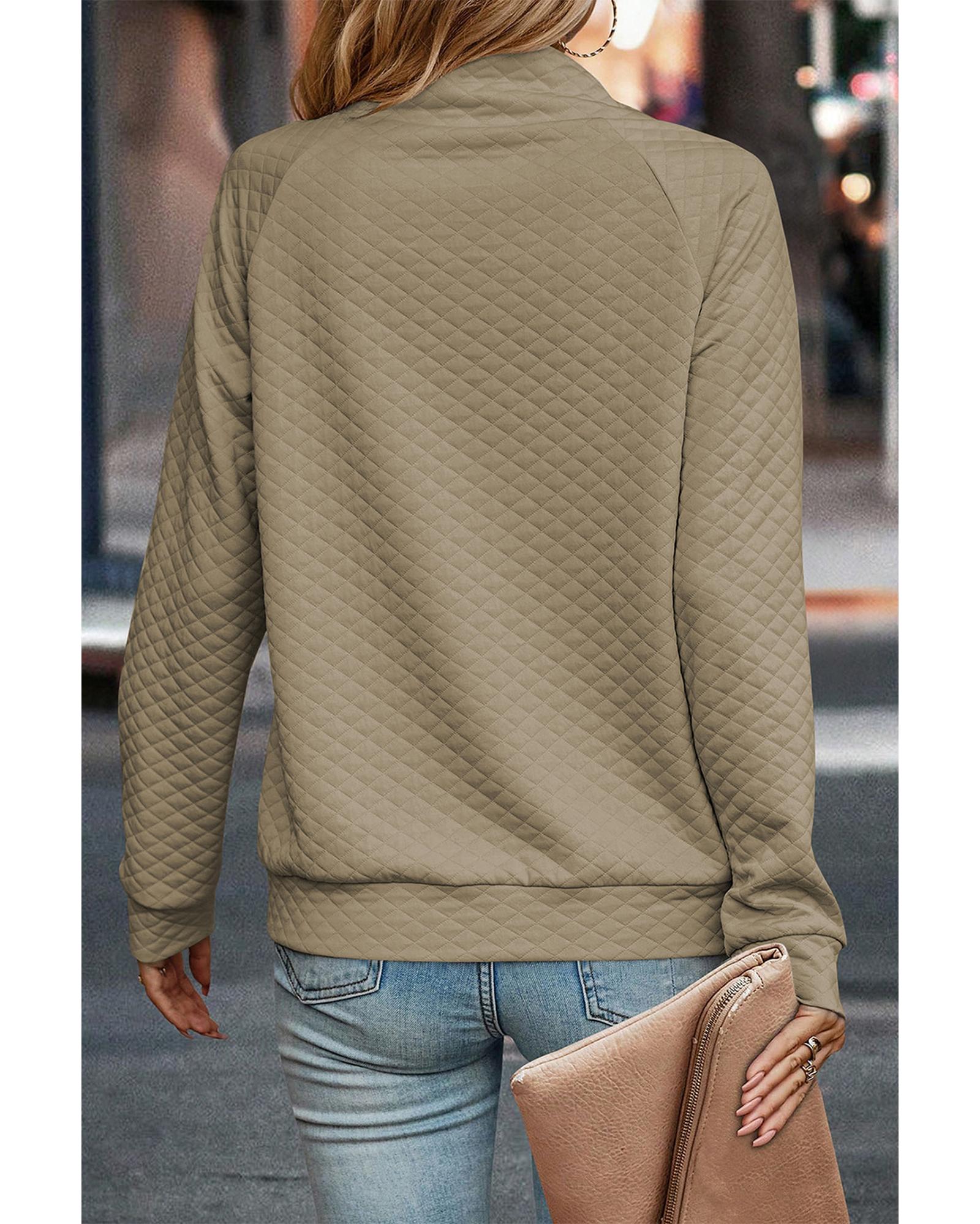 Apricot Quilted Buttoned Neckline Stand Neck Pullover Sweatshirt - S