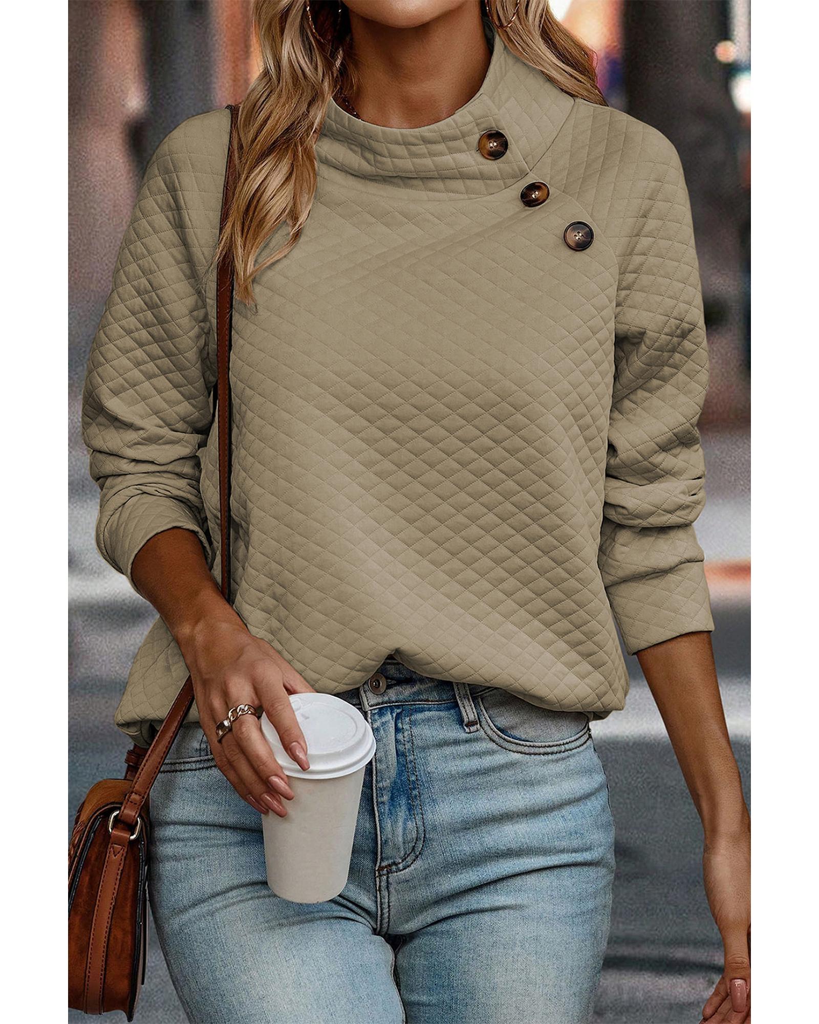 Apricot Quilted Buttoned Neckline Stand Neck Pullover Sweatshirt - S 4