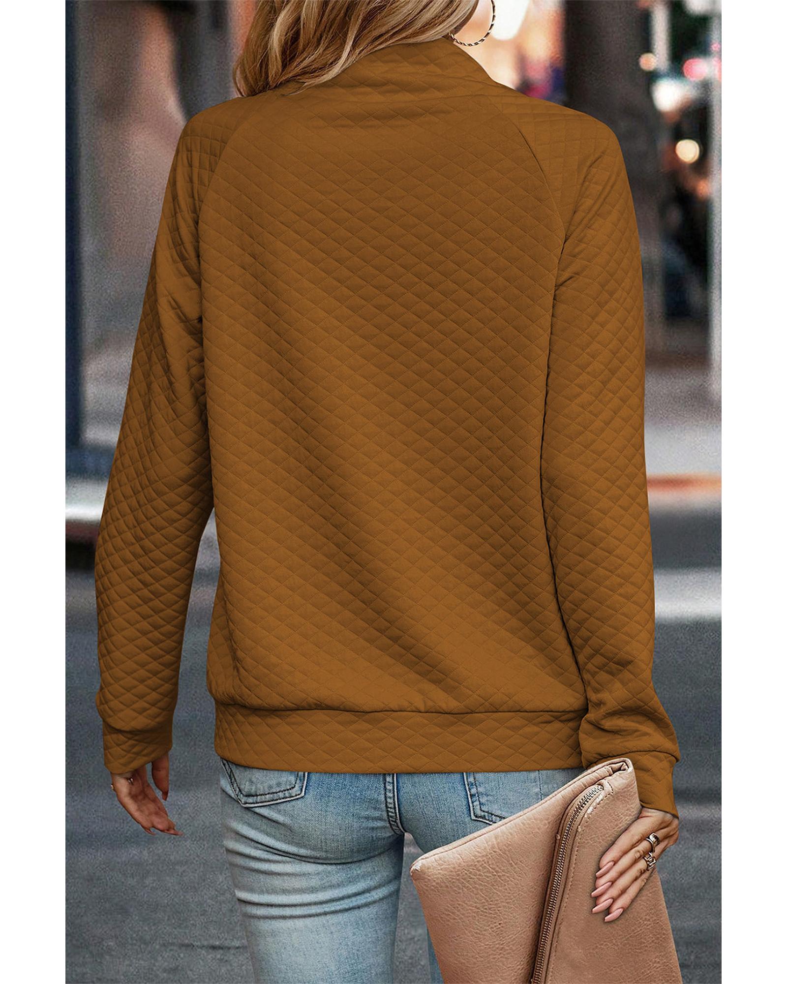 Chestnut Quilted Buttoned Neckline Stand Neck Pullover Sweatshirt - L