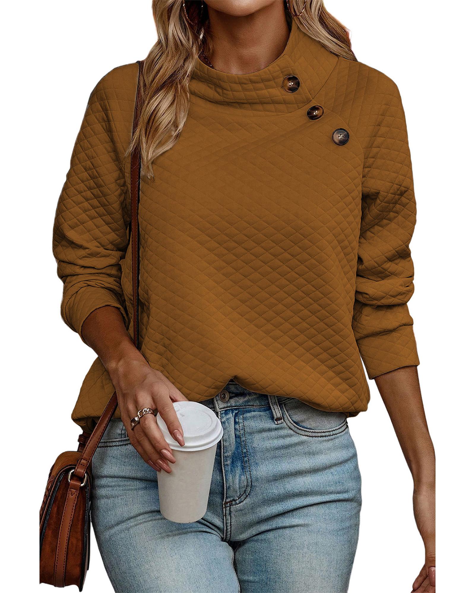 Chestnut Quilted Buttoned Neckline Stand Neck Pullover Sweatshirt - S