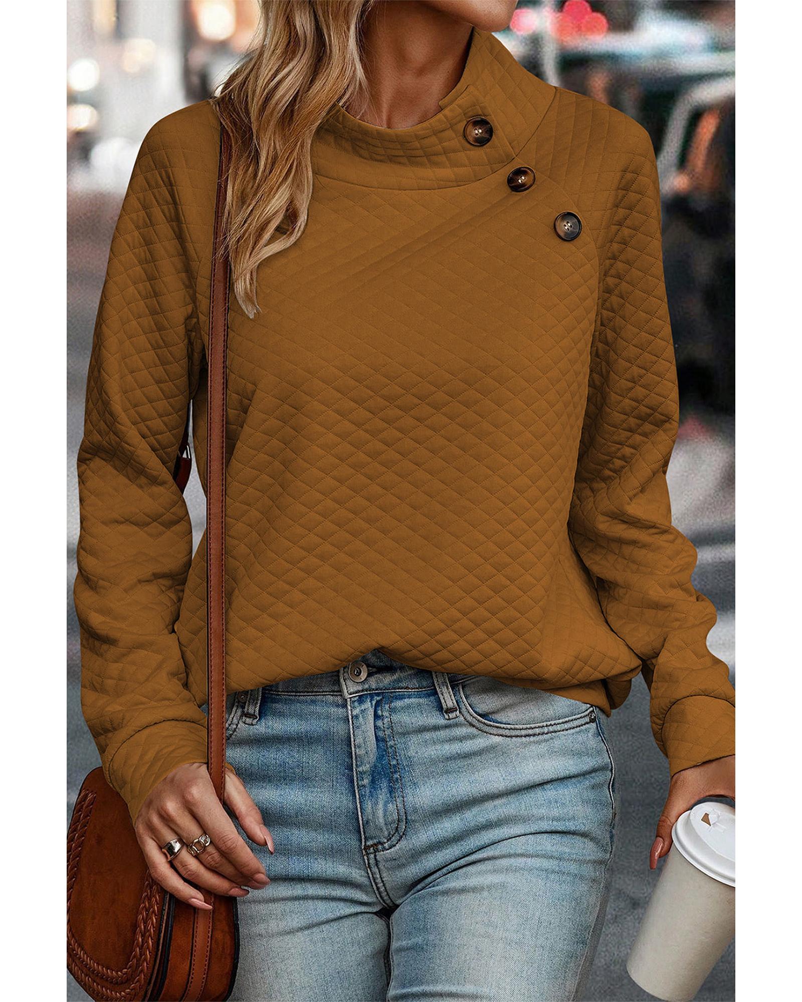 Chestnut Quilted Buttoned Neckline Stand Neck Pullover Sweatshirt - XL 3