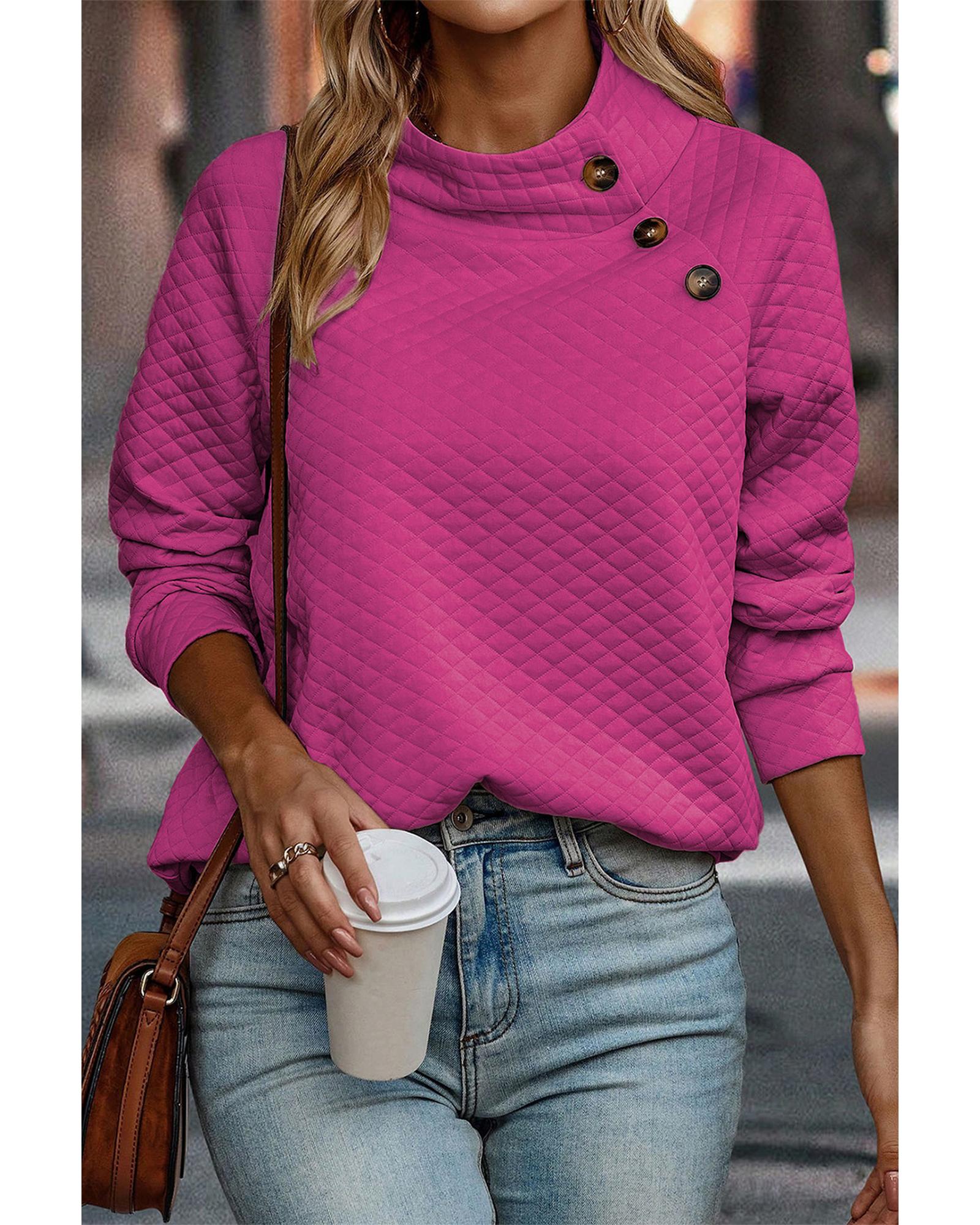 Rose Quilted Buttoned Neckline Stand Neck Pullover Sweatshirt - S