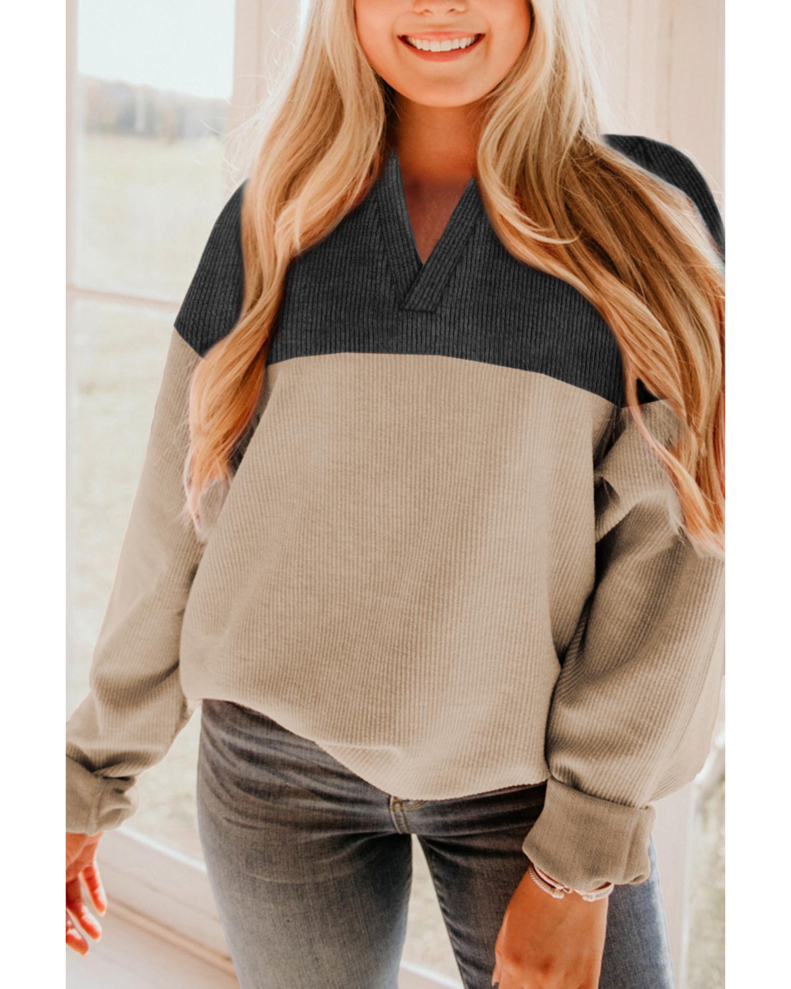 Carbon Grey Notched Neck Colorblock Corded Sweatshirt - S