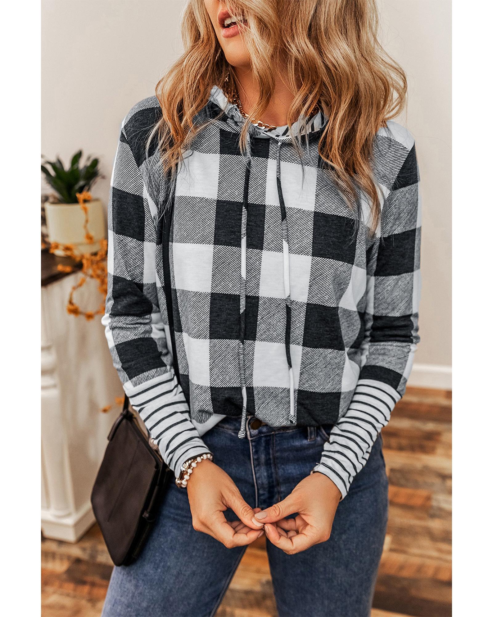 Multicolour Plaid Striped Patchwork Drawstring Hoodie - M