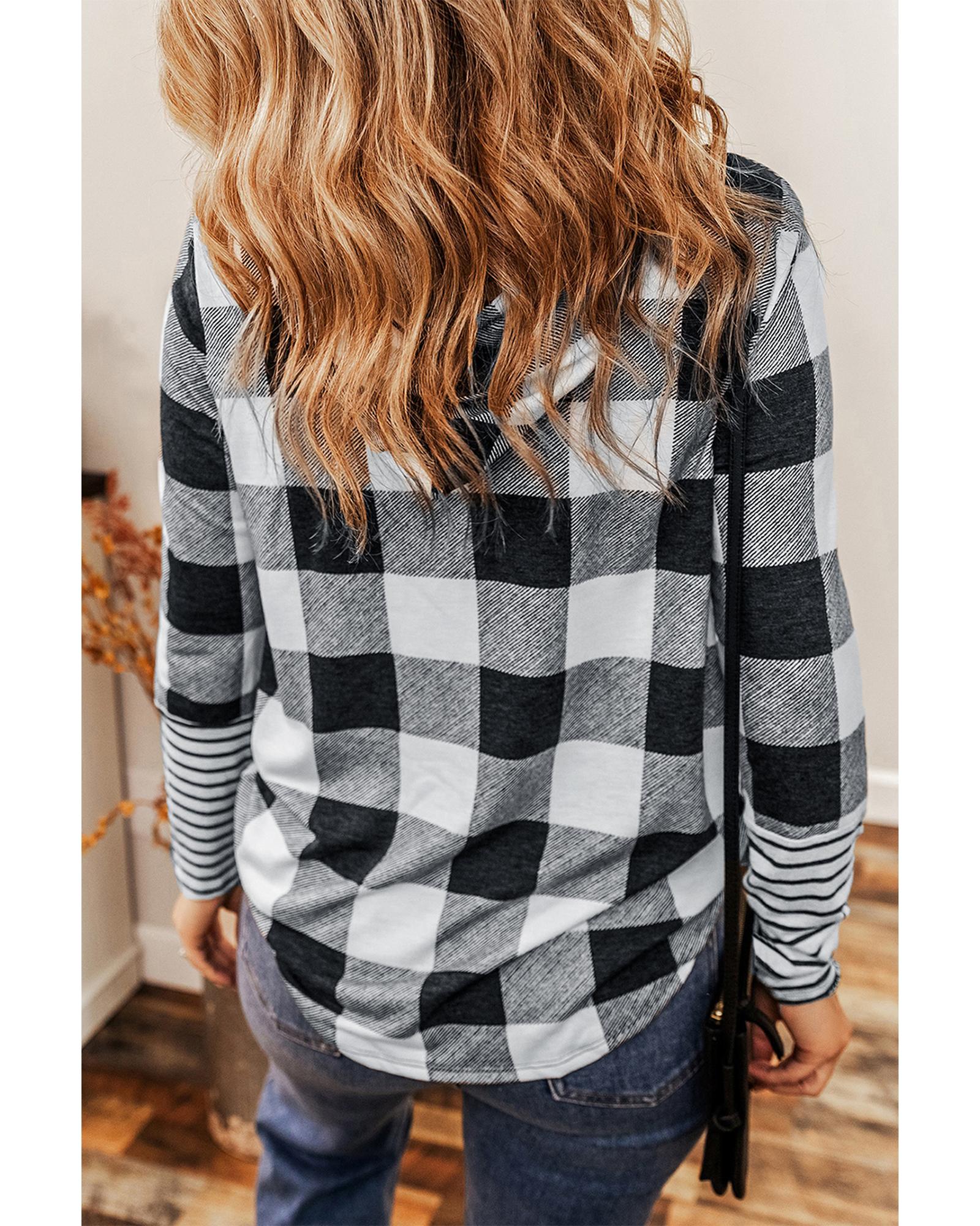 Multicolour Plaid Striped Patchwork Drawstring Hoodie - M 4