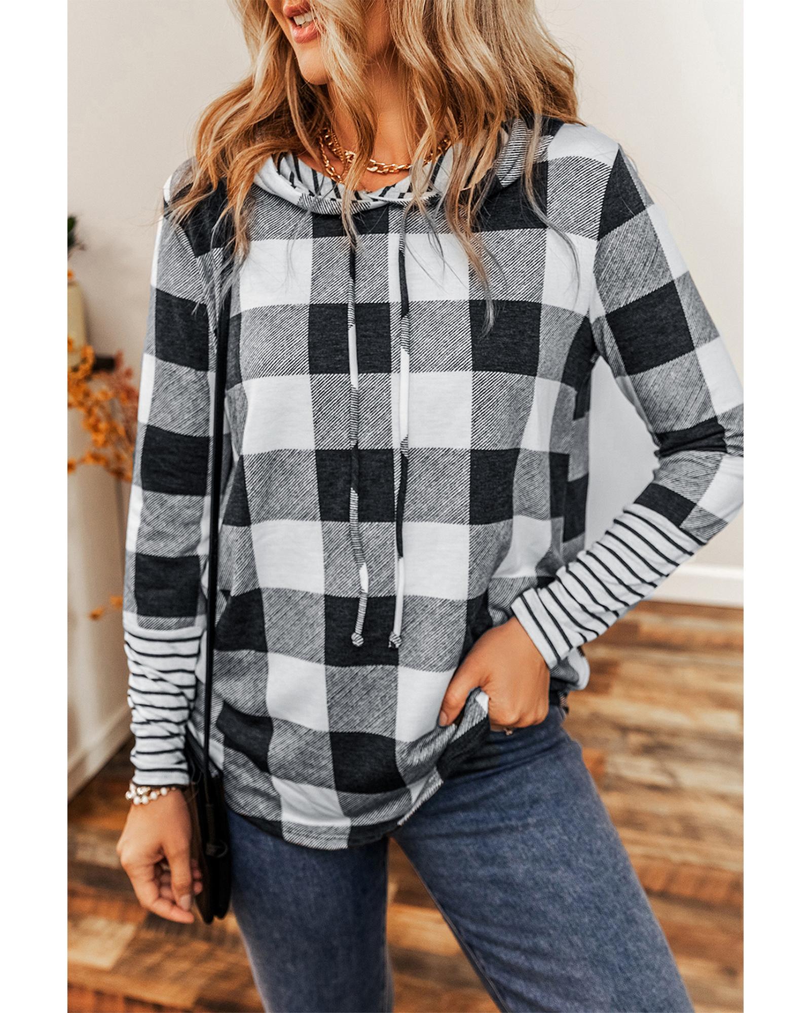 Multicolour Plaid Striped Patchwork Drawstring Hoodie - M 5