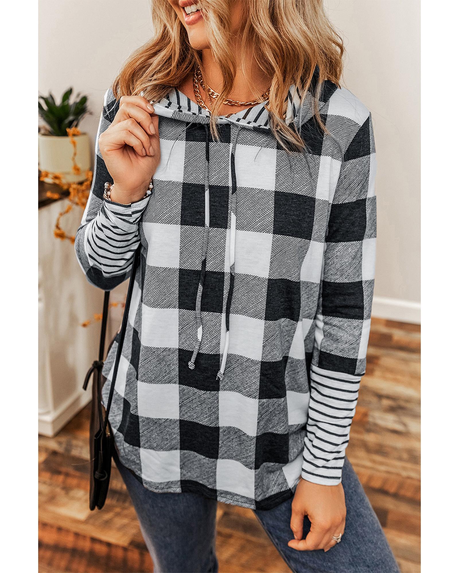 Multicolour Plaid Striped Patchwork Drawstring Hoodie - M 6
