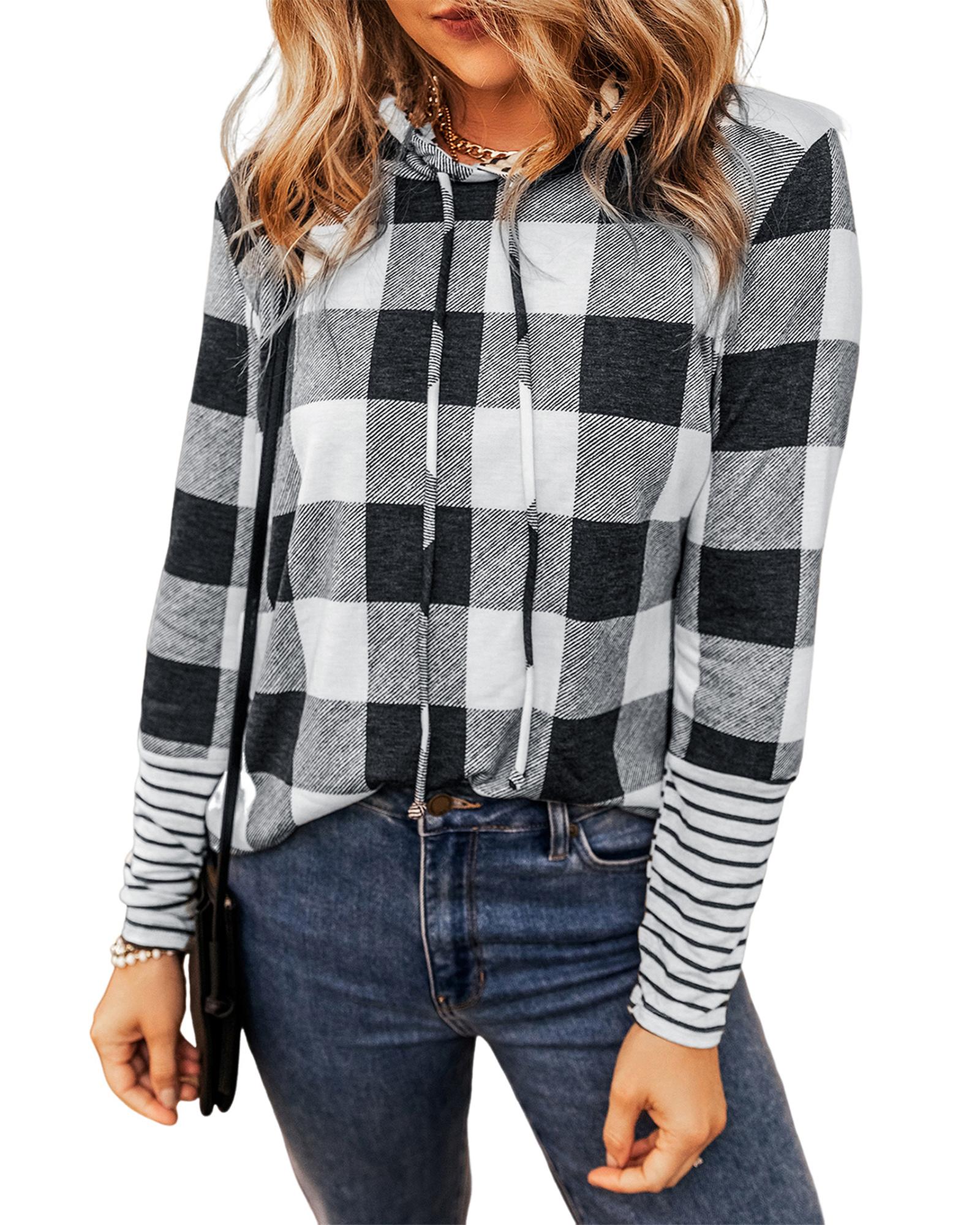 Multicolour Plaid Striped Patchwork Drawstring Hoodie - S