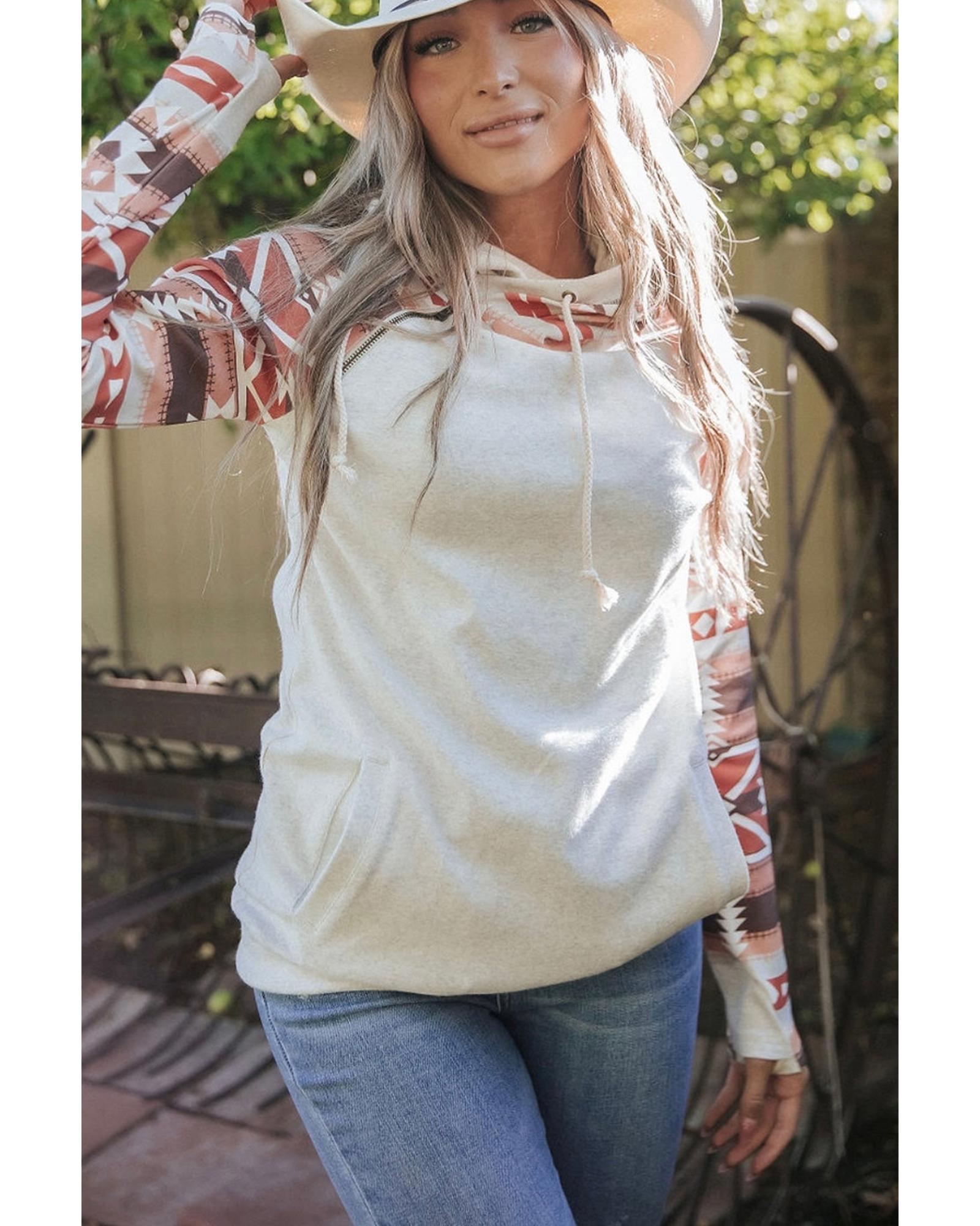 Western Aztec Print Patchwork Double 	Hood Hoodie - L