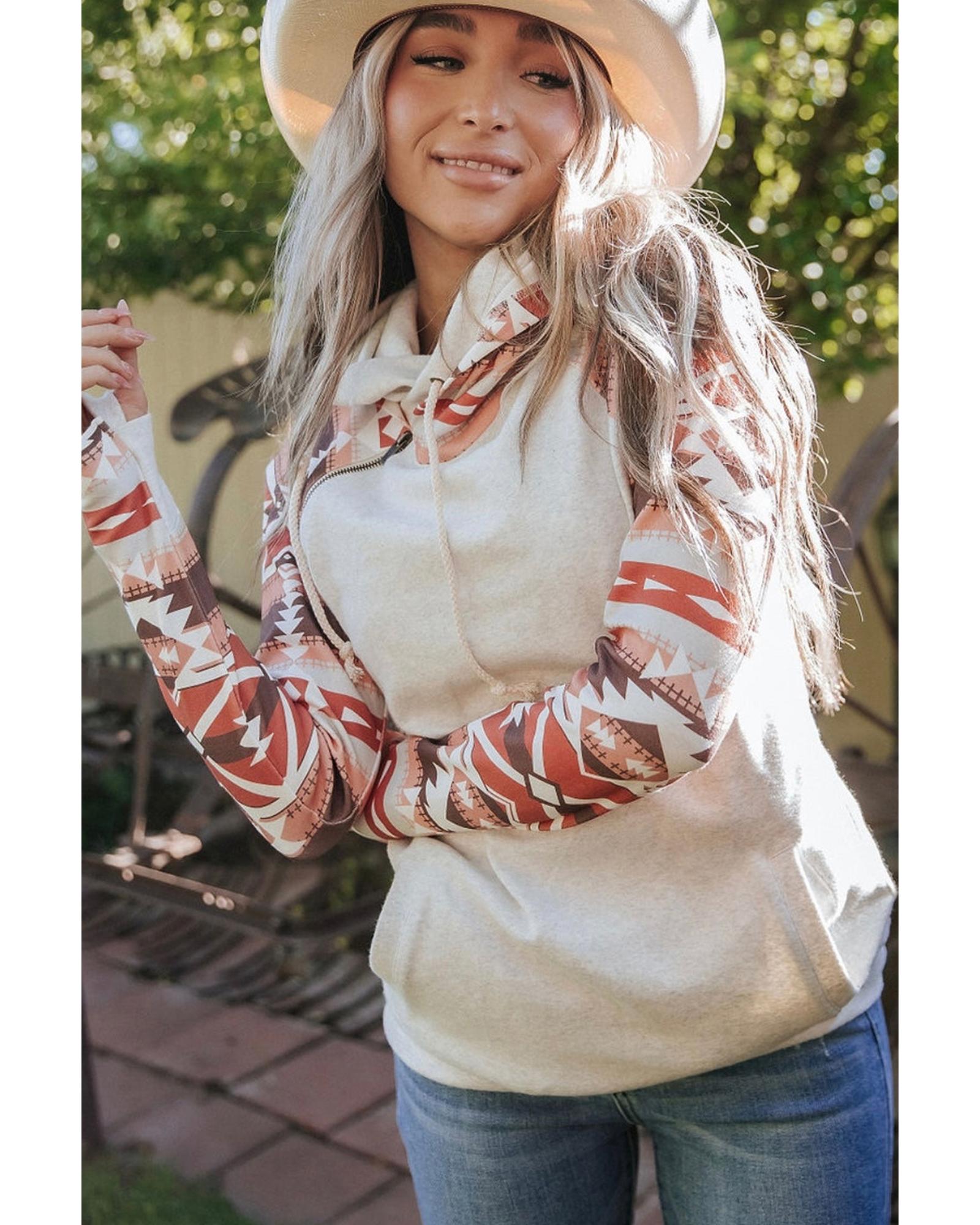 Western Aztec Print Patchwork Double 	Hood Hoodie - L 3