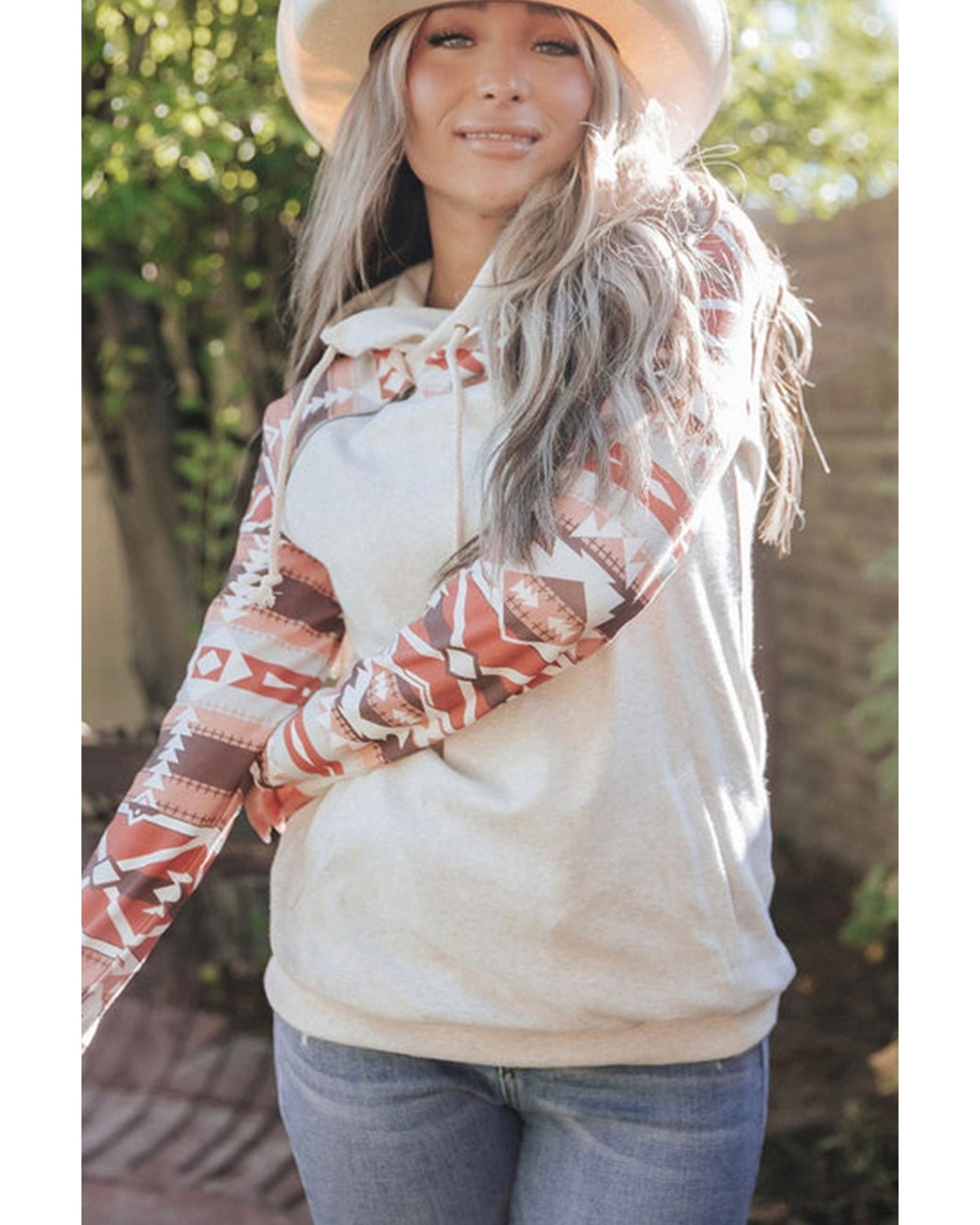 Western Aztec Print Patchwork Double 	Hood Hoodie - L 4