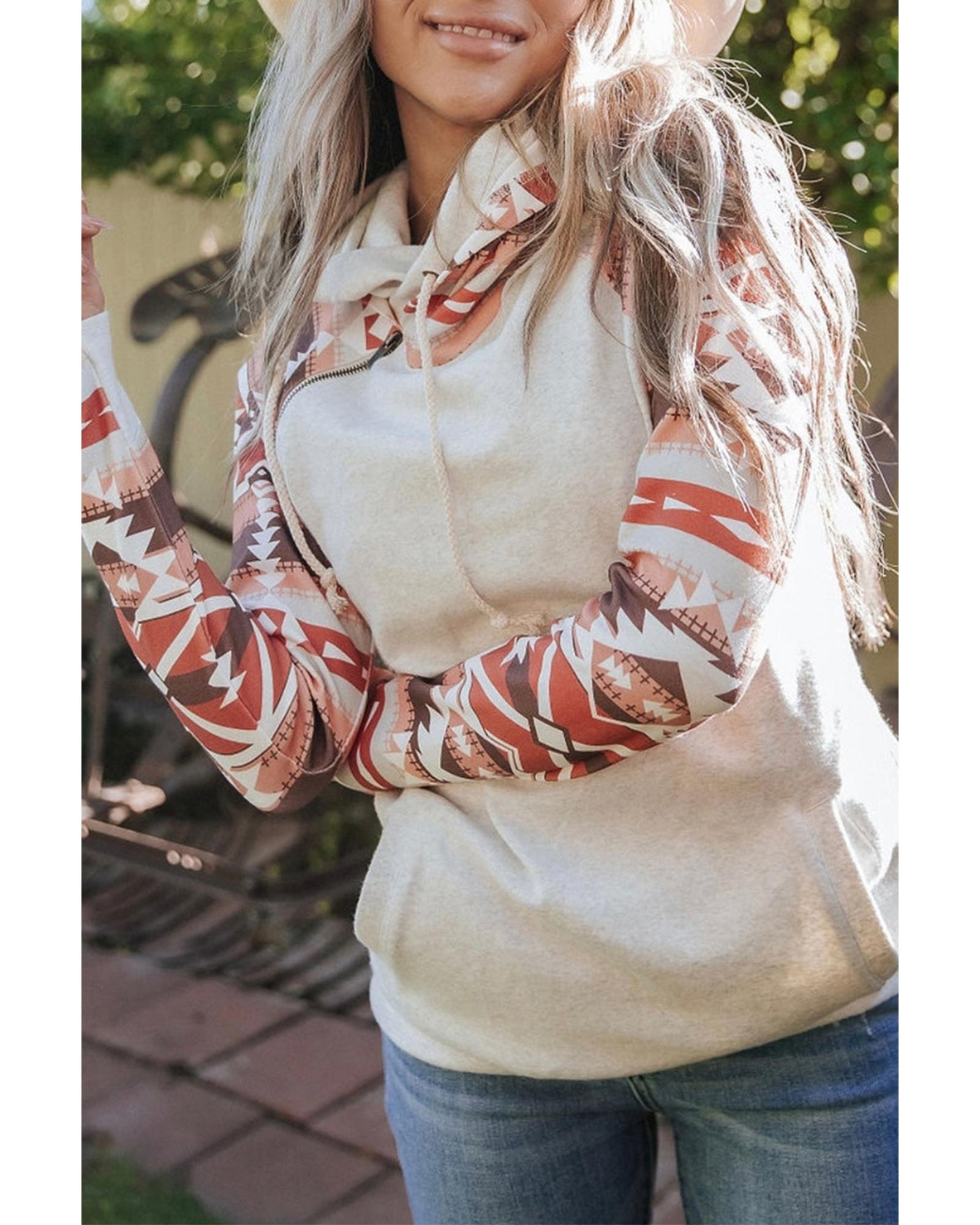 Western Aztec Print Patchwork Double 	Hood Hoodie - L 5