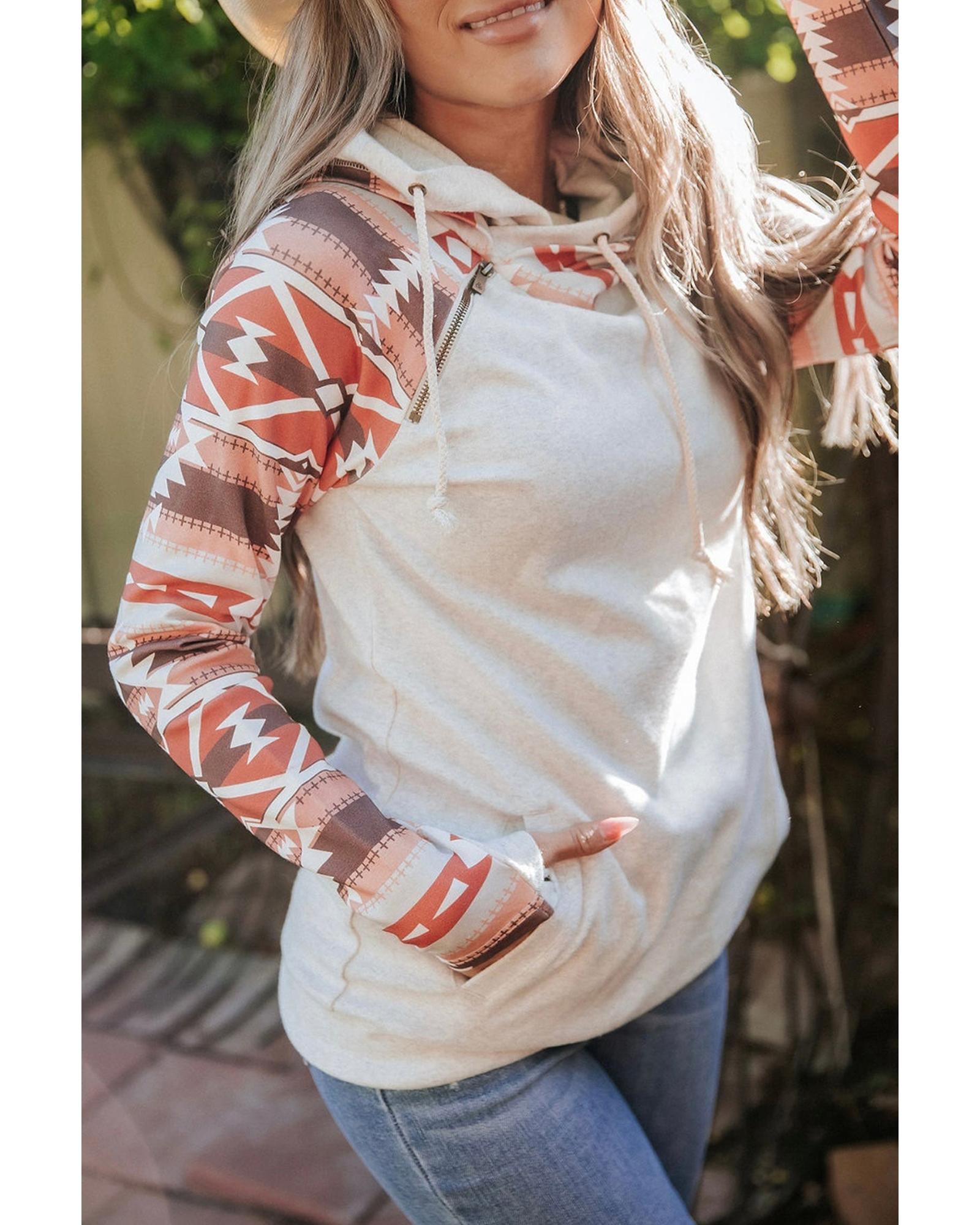 Western Aztec Print Patchwork Double 	Hood Hoodie - M