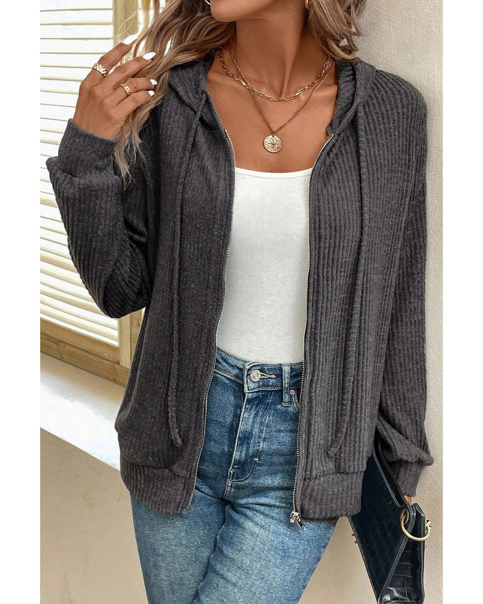 Dark Grey Ribbed Zip Up Front Drawstring Hoodie - M