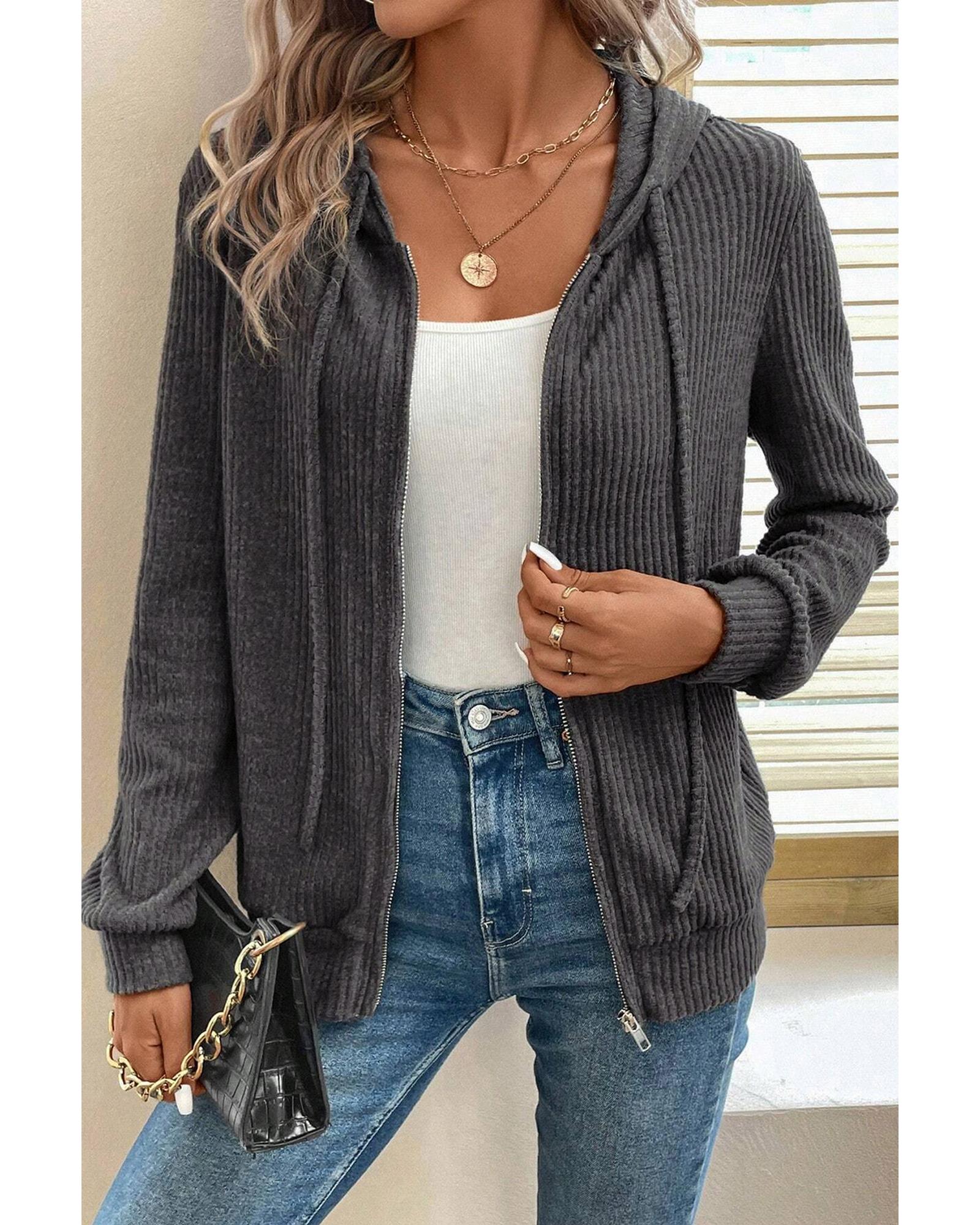Dark Grey Ribbed Zip Up Front Drawstring Hoodie - M 4