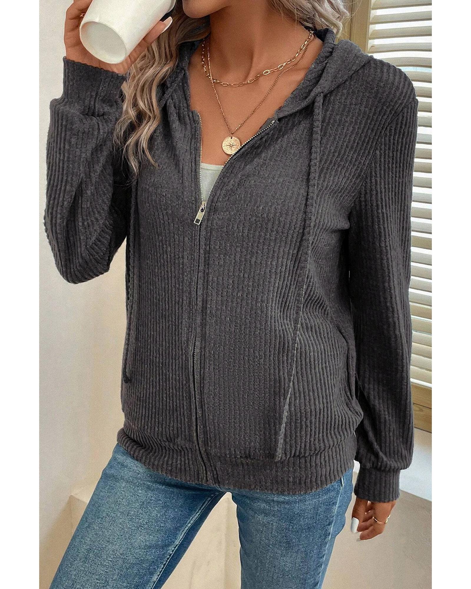 Dark Grey Ribbed Zip Up Front Drawstring Hoodie - S