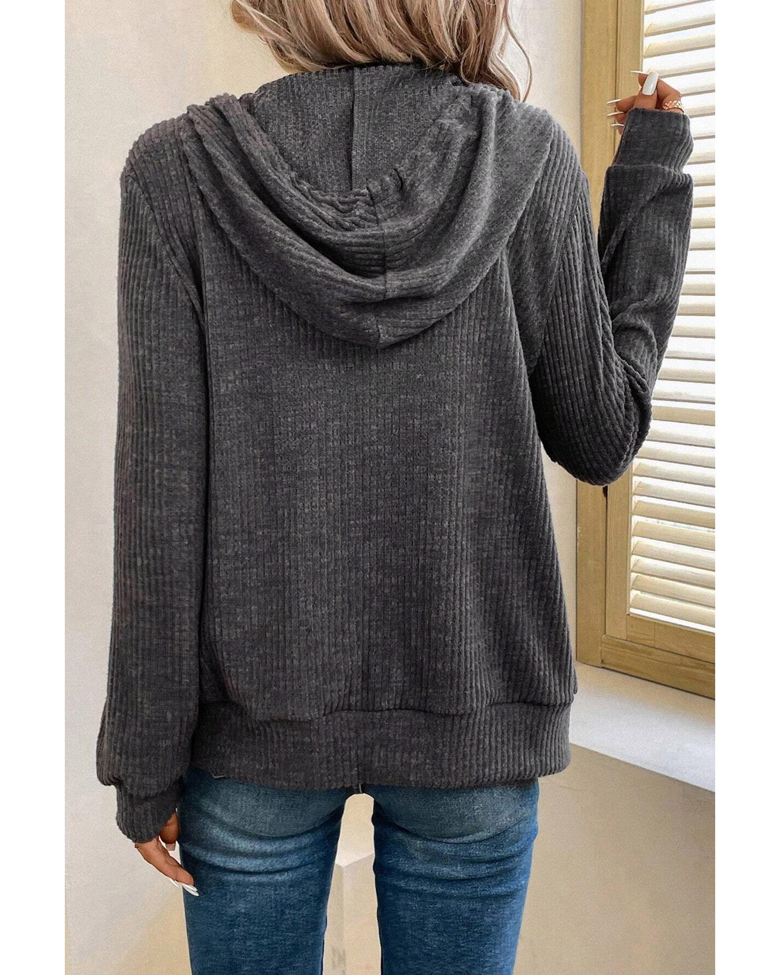 Dark Grey Ribbed Zip Up Front Drawstring Hoodie - S