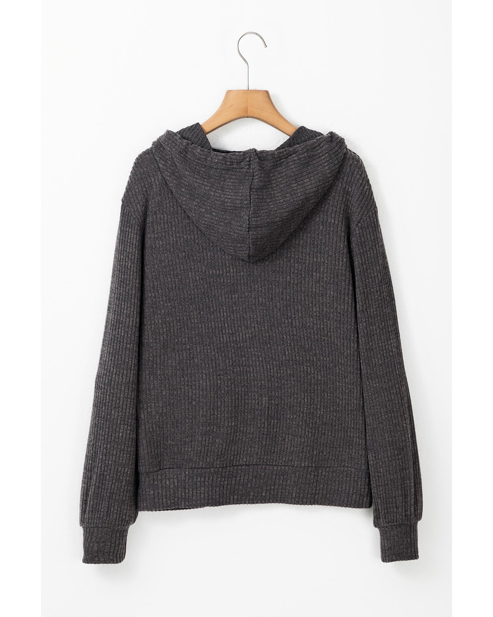 Dark Grey Ribbed Zip Up Front Drawstring Hoodie - XL 7