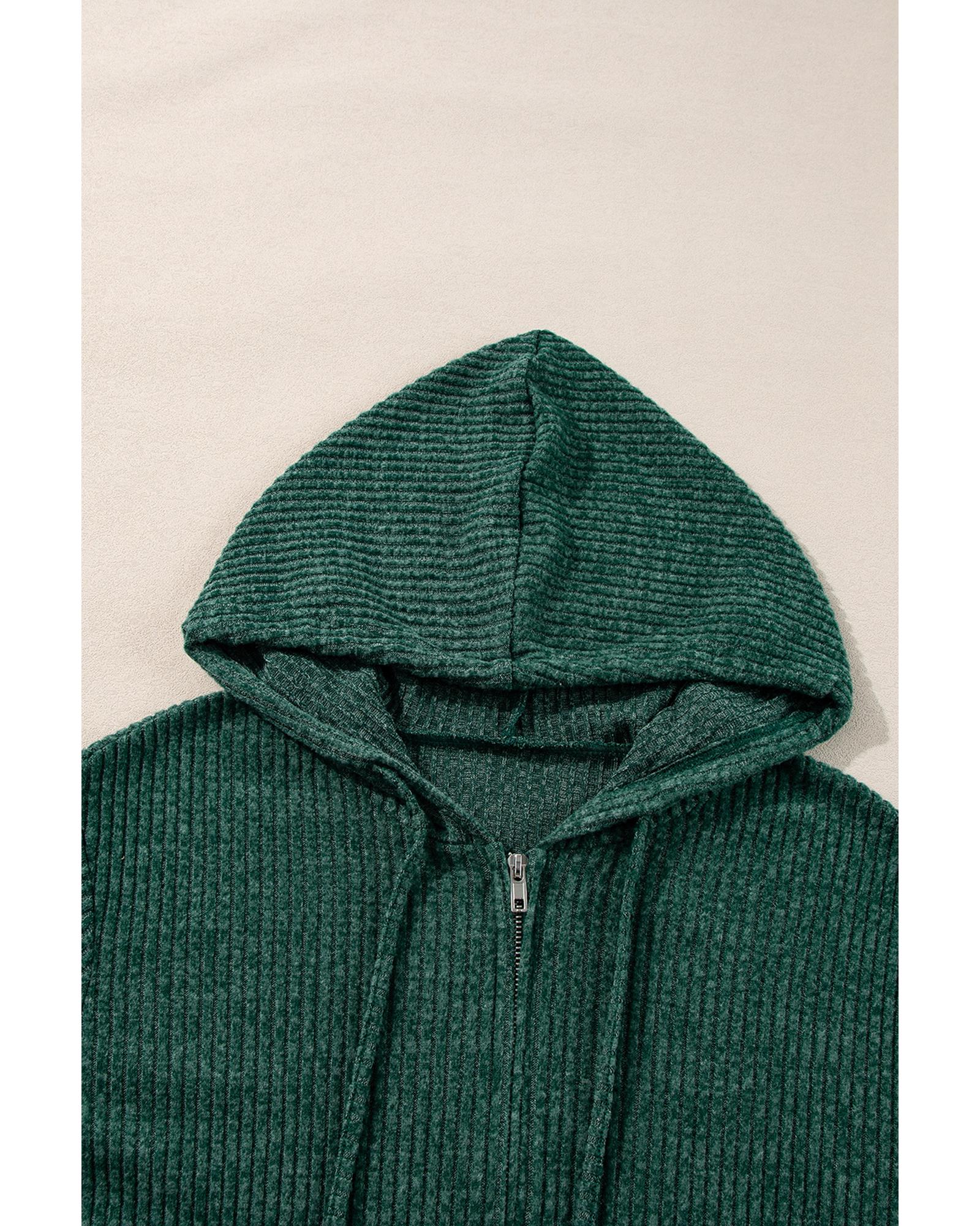 Evergreen Ribbed Zip Up Front Drawstring Hoodie - M
