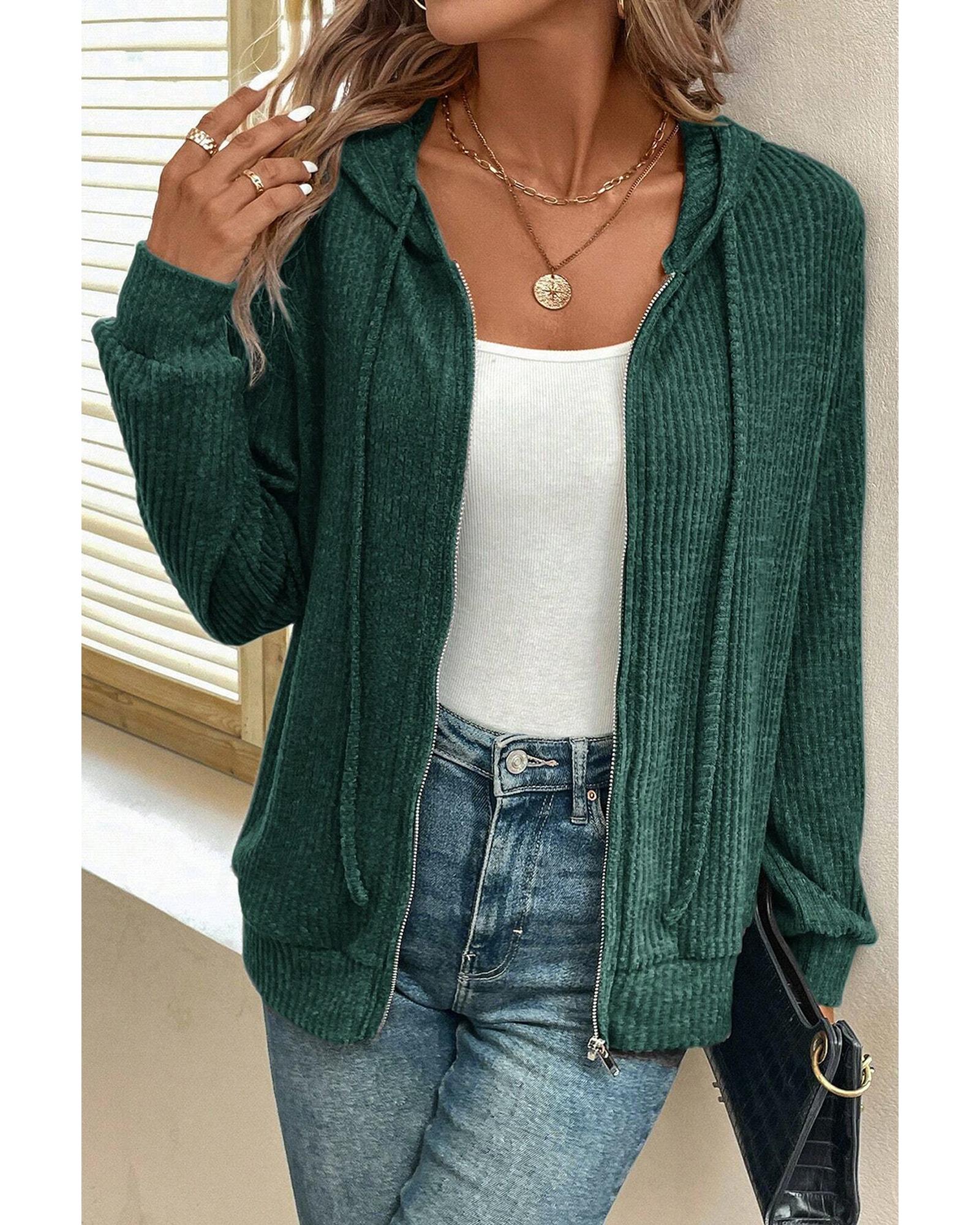 Evergreen Ribbed Zip Up Front Drawstring Hoodie - M 3