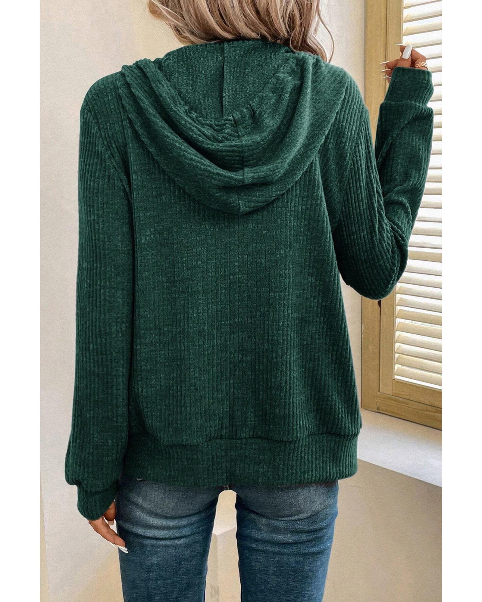 Evergreen Ribbed Zip Up Front Drawstring Hoodie - M 4
