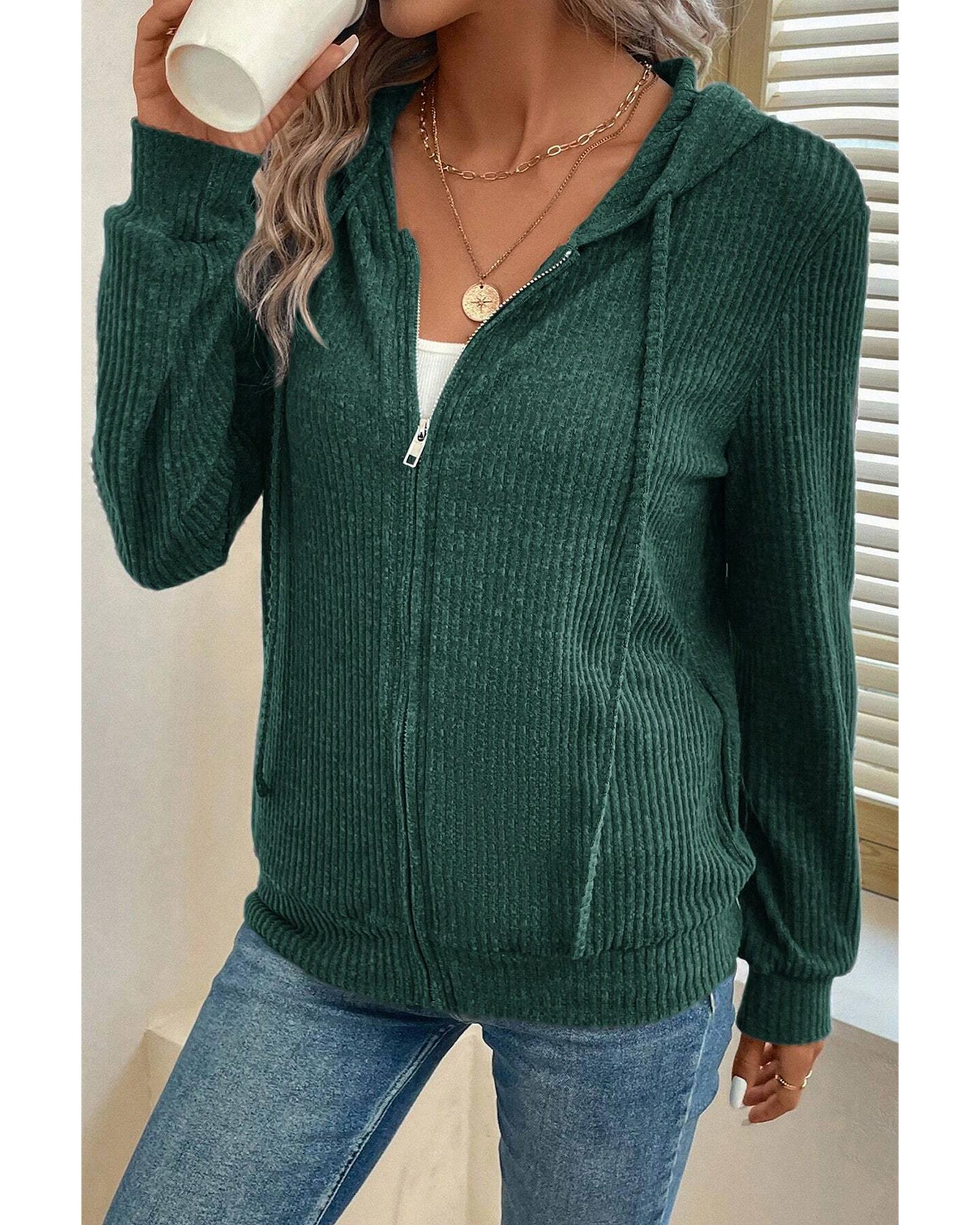 Evergreen Ribbed Zip Up Front Drawstring Hoodie - M 7