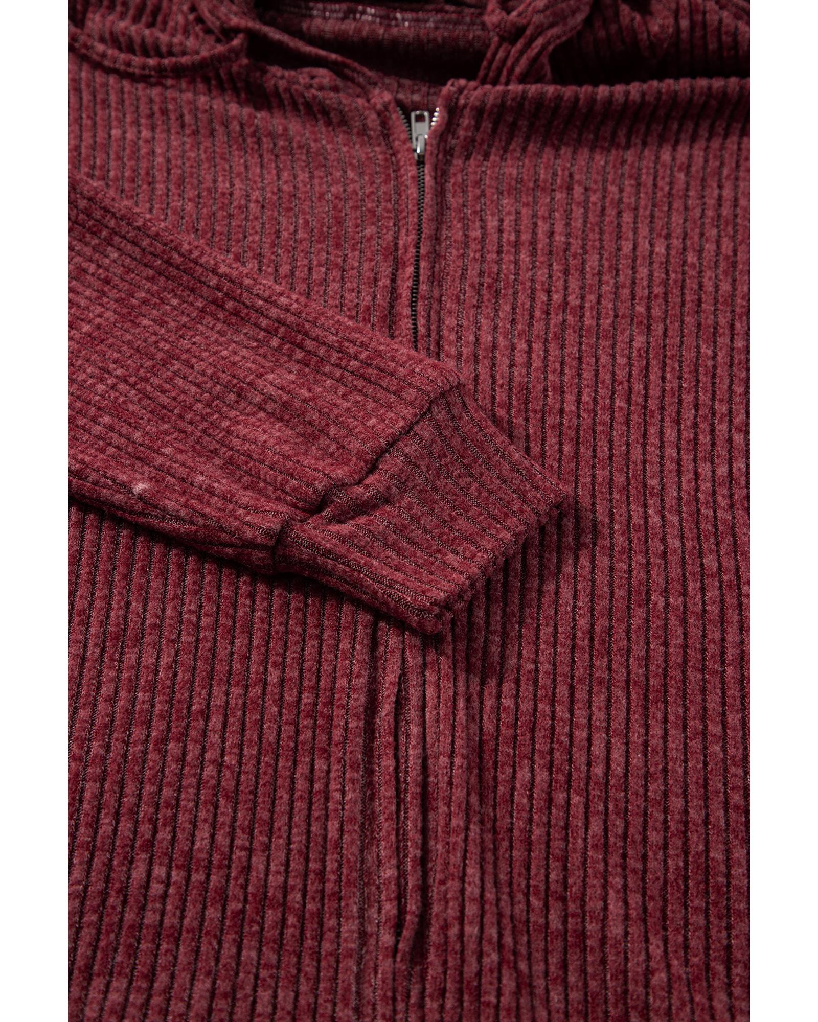 Red Dahlia Ribbed Zip Up Front Drawstring Hoodie - L