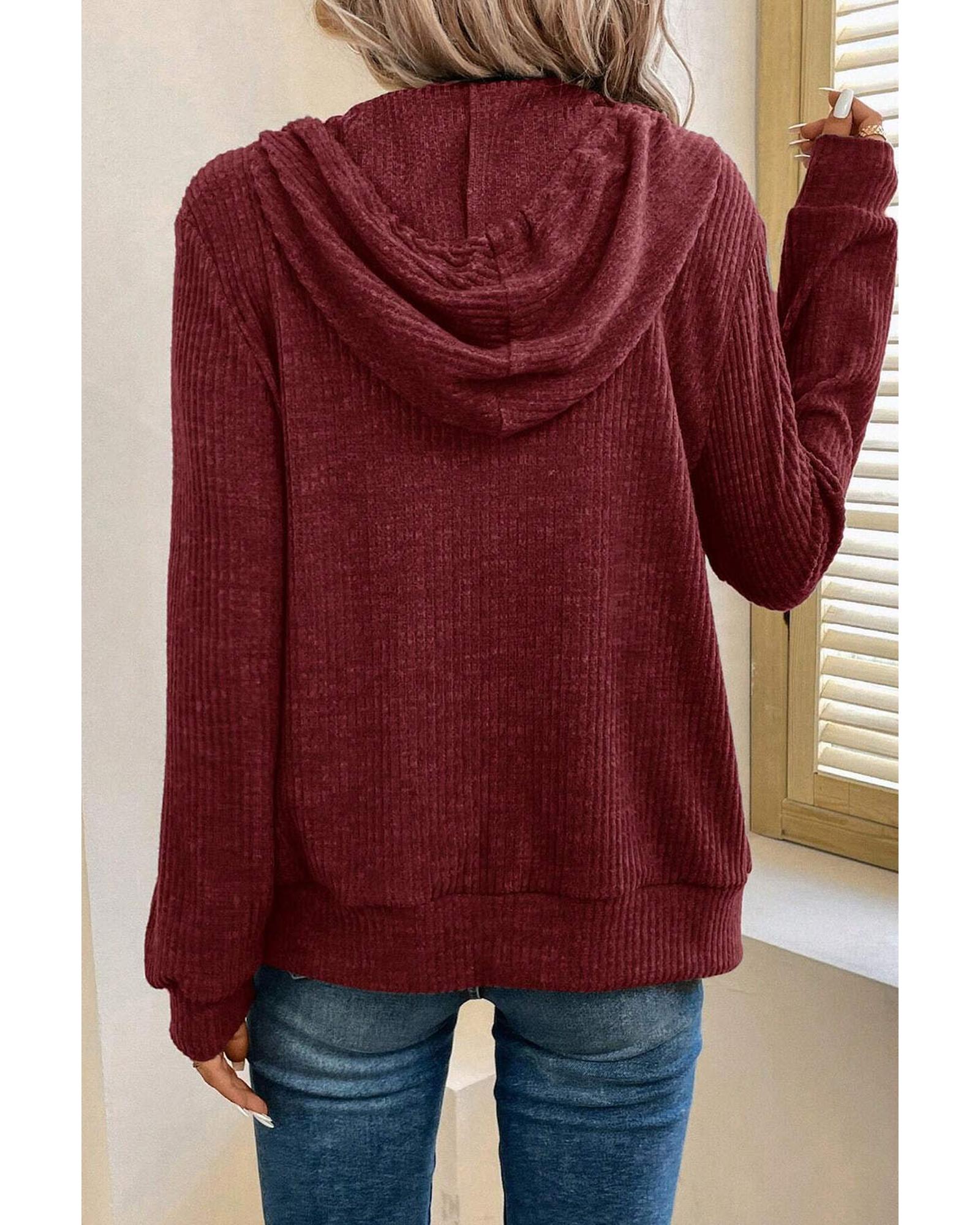 Red Dahlia Ribbed Zip Up Front Drawstring Hoodie - L 4