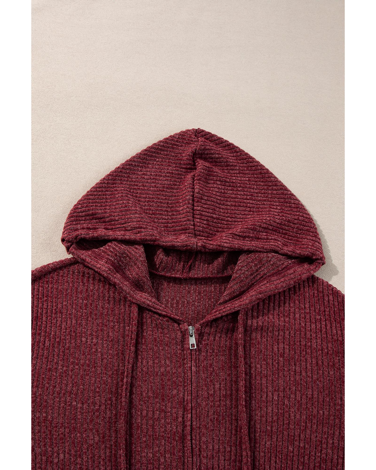 Red Dahlia Ribbed Zip Up Front Drawstring Hoodie - L 6