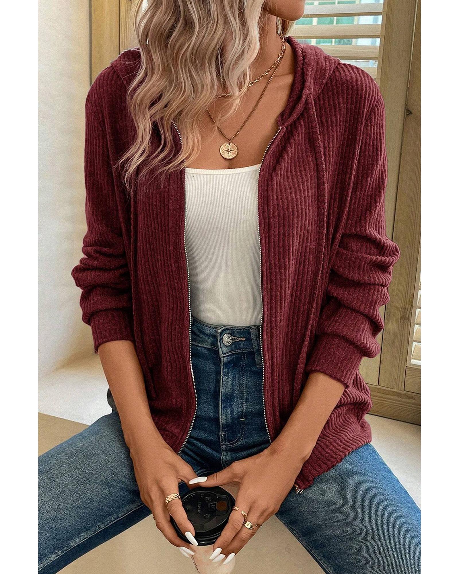 Red Dahlia Ribbed Zip Up Front Drawstring Hoodie - S