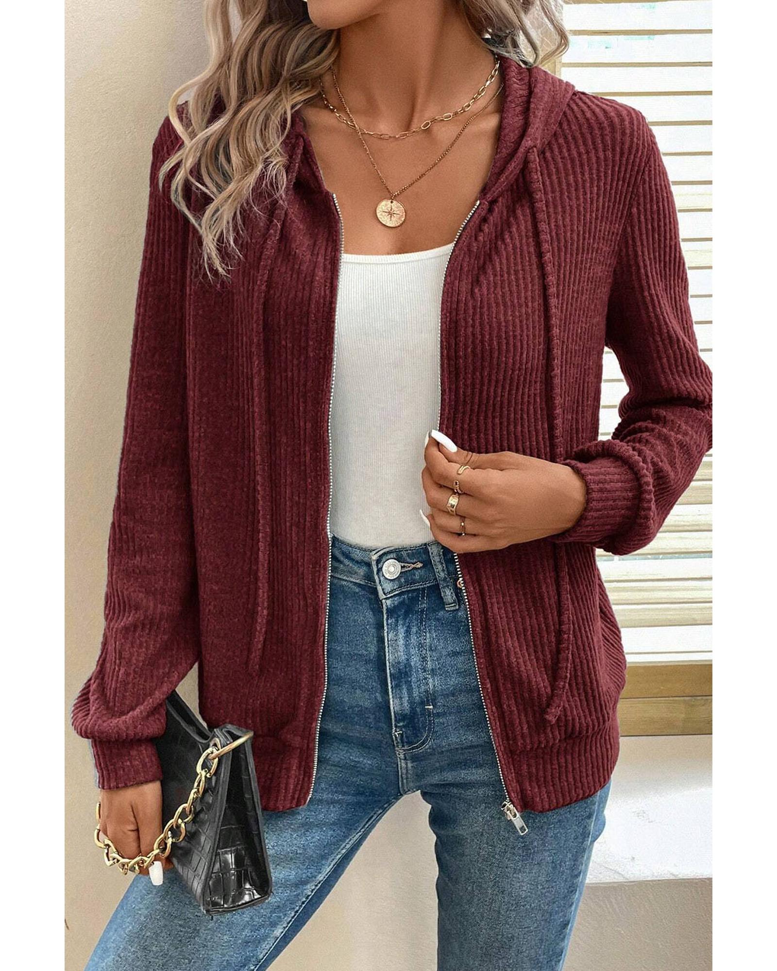 Red Dahlia Ribbed Zip Up Front Drawstring Hoodie - XL