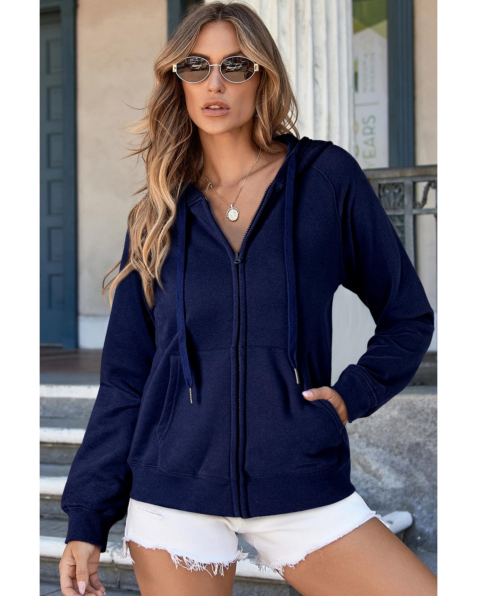 Navy Blue Solid Color Fleece Lined Zip up Hoodie - L 3