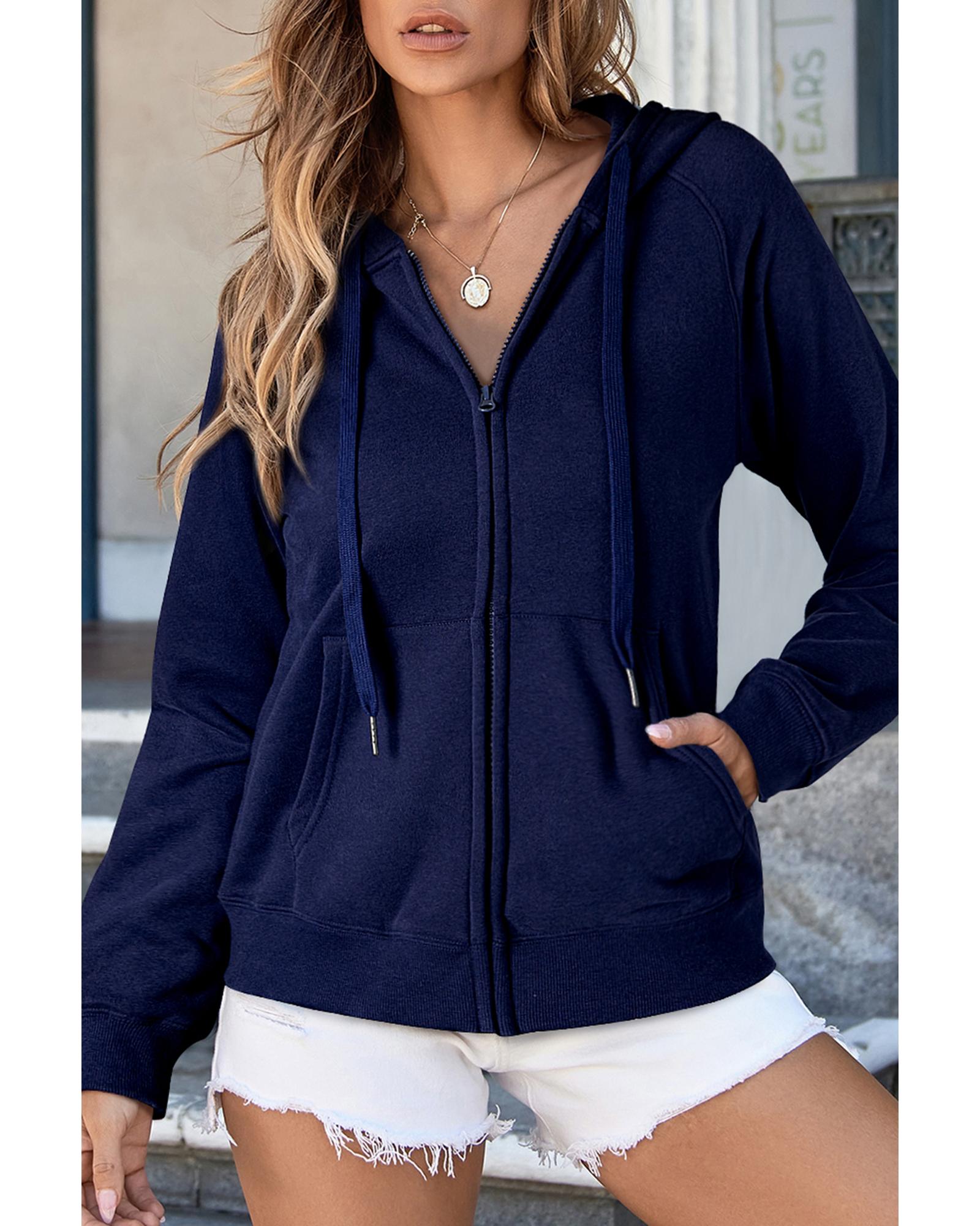 Navy Blue Solid Color Fleece Lined Zip up Hoodie - L 8