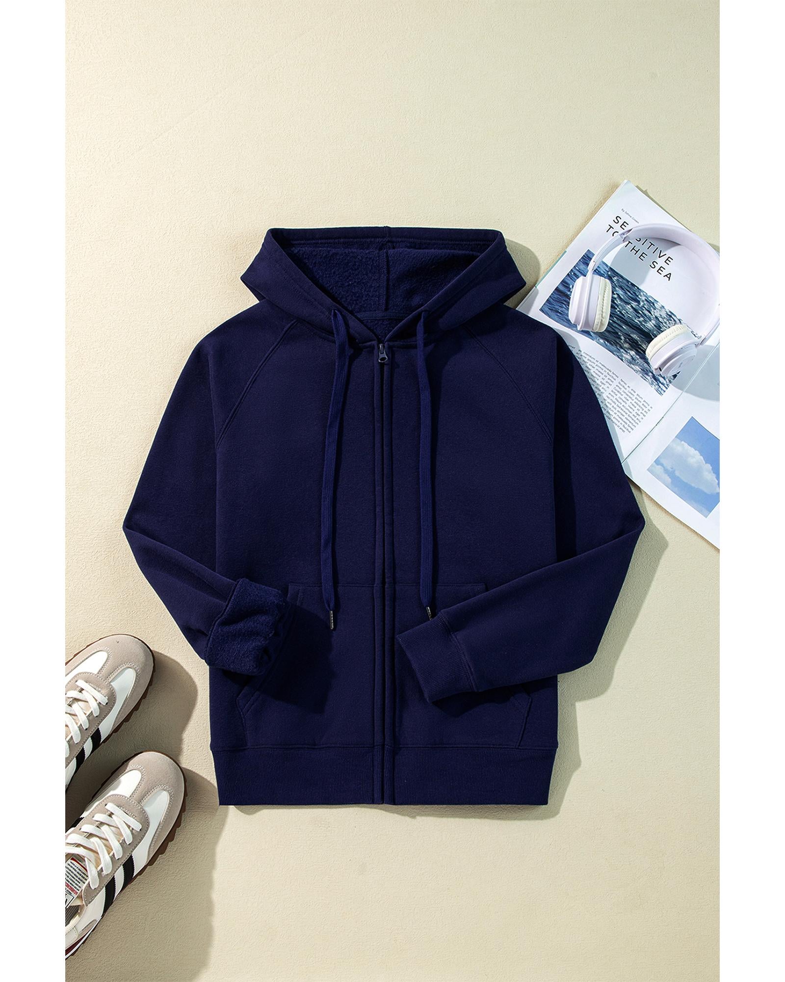 Navy Blue Solid Color Fleece Lined Zip up Hoodie - M 5