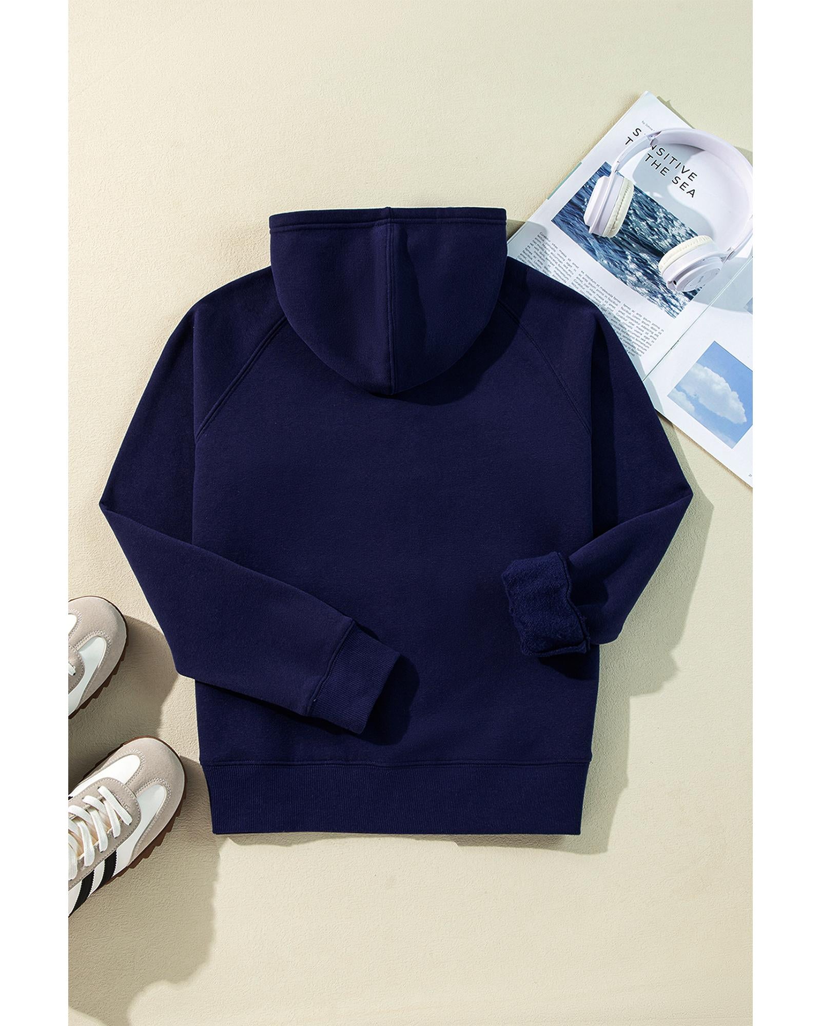 Navy Blue Solid Color Fleece Lined Zip up Hoodie - S 6
