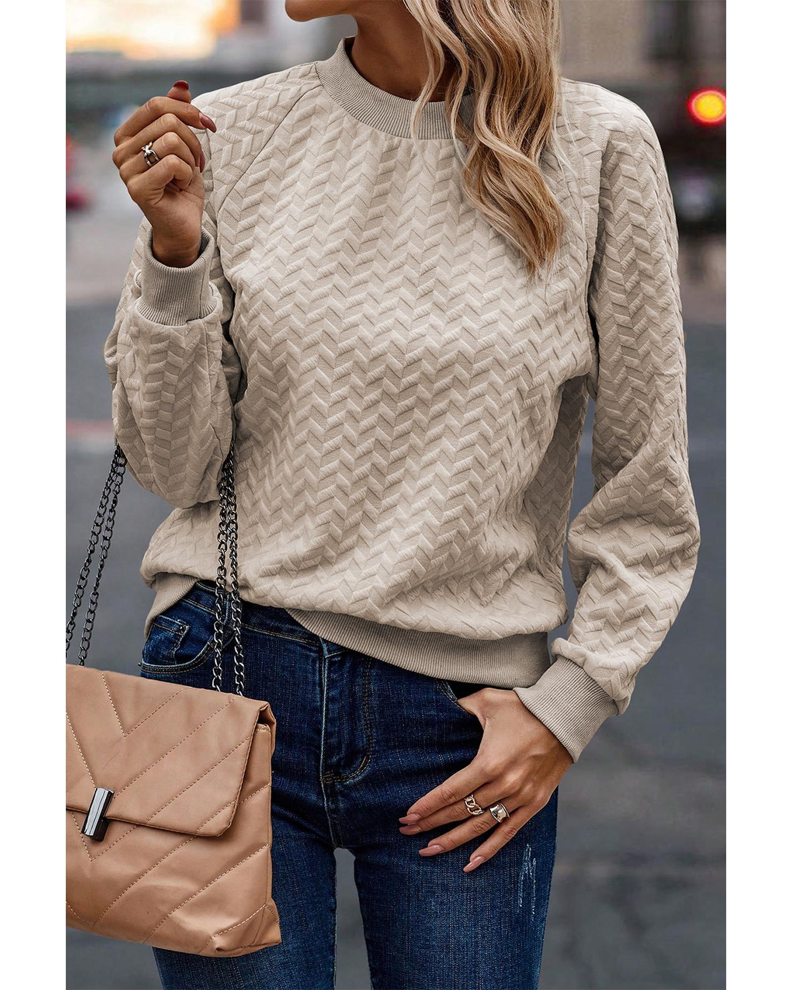 Beige Solid Textured Raglan Sleeve Pullover Sweatshirt - XL