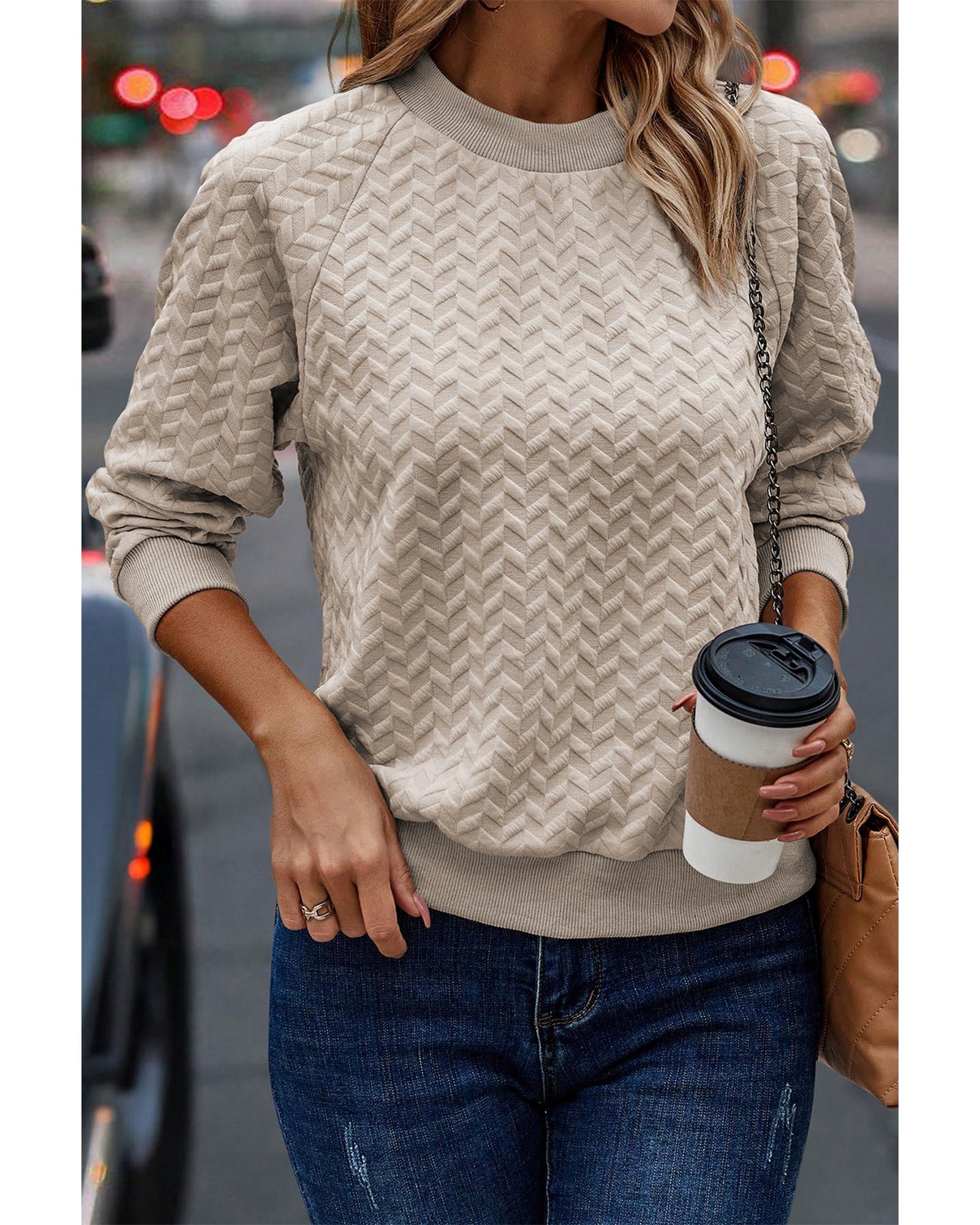 Beige Solid Textured Raglan Sleeve Pullover Sweatshirt - XL