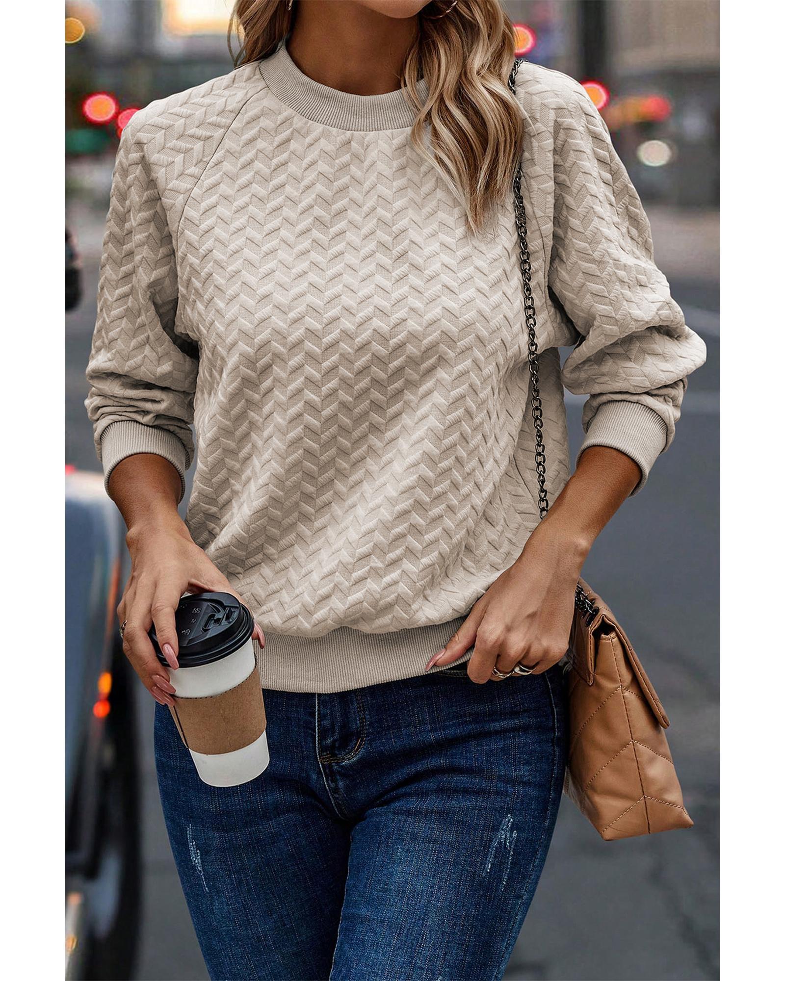 Beige Solid Textured Raglan Sleeve Pullover Sweatshirt - XL 4