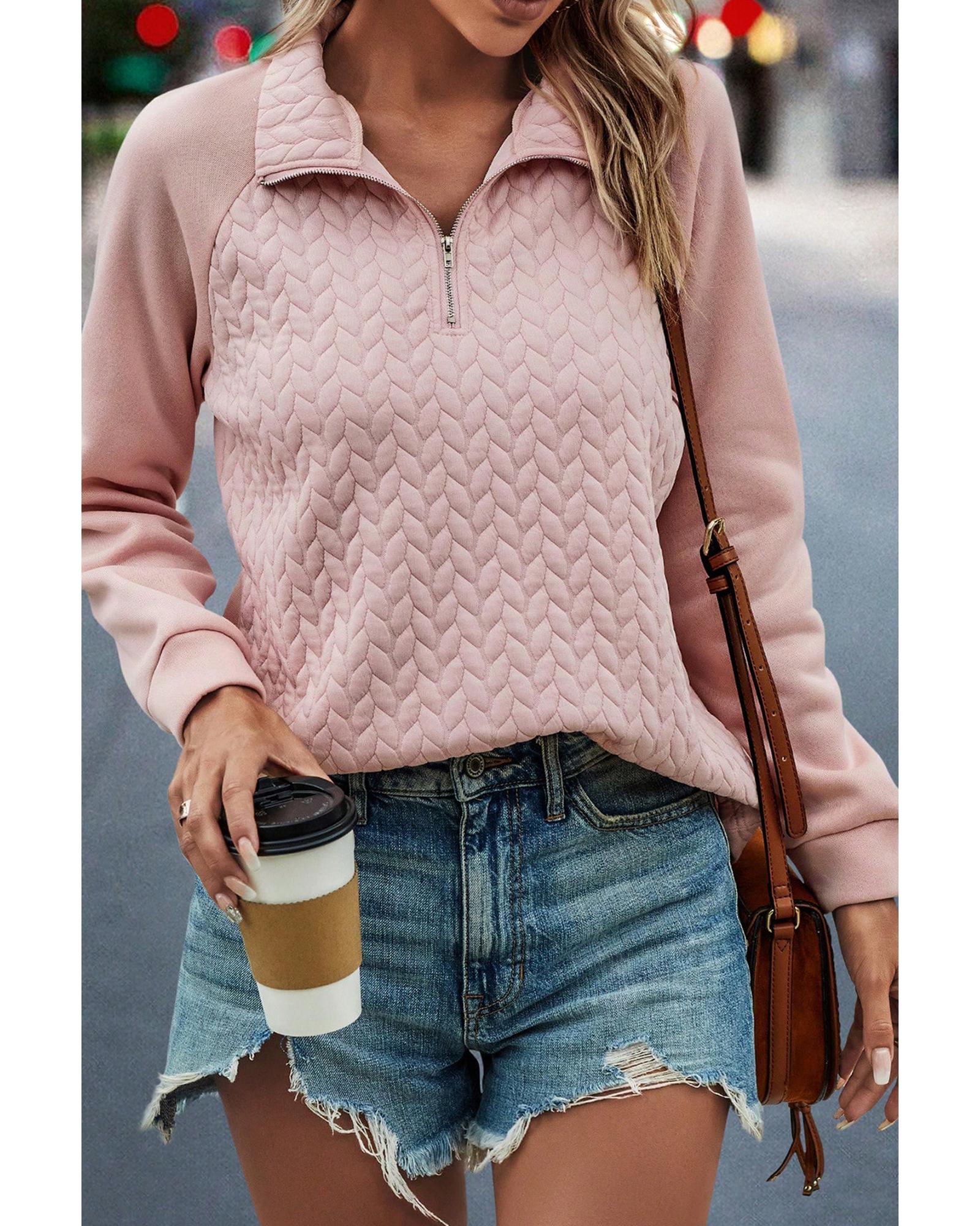 Pale Chestnut Textured Quarter Zip Raglan Sleeve Sweatshirt - S 5