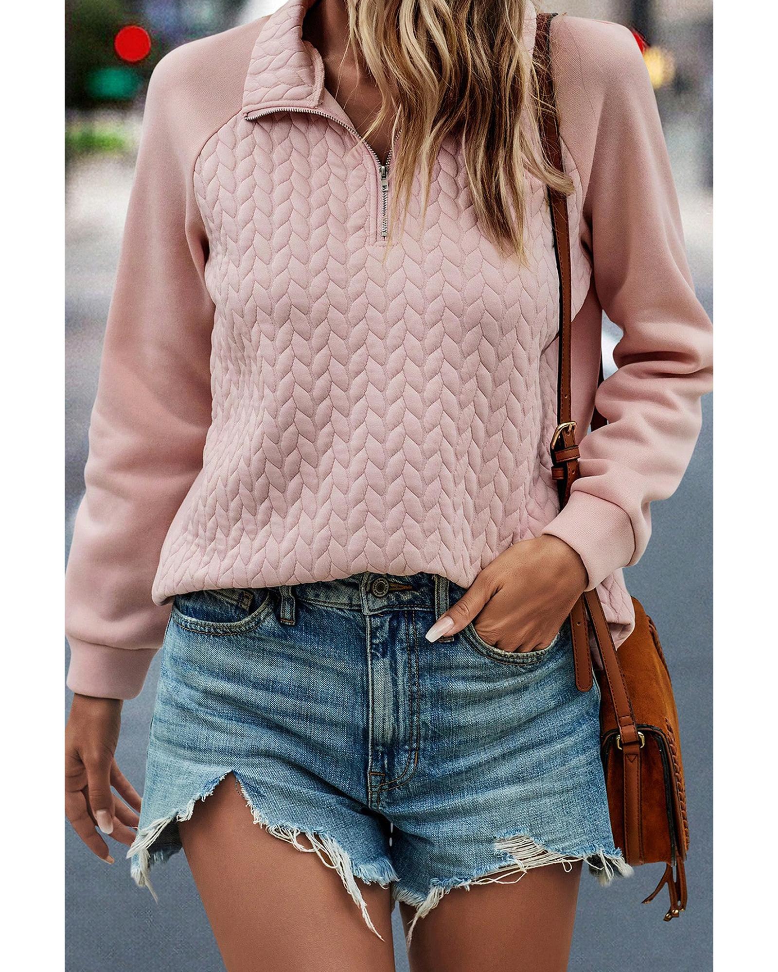 Pale Chestnut Textured Quarter Zip Raglan Sleeve Sweatshirt - S 6