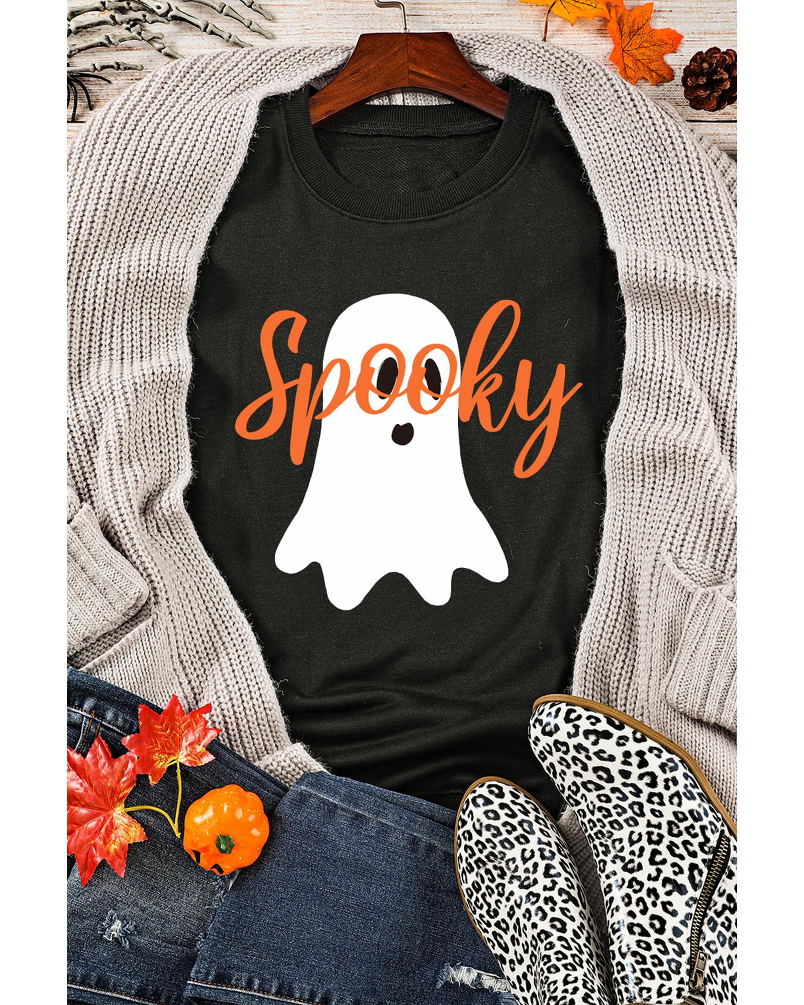 Black Halloween Spooky Ghost Print Crewneck Pullover Sweatshirt - L 3