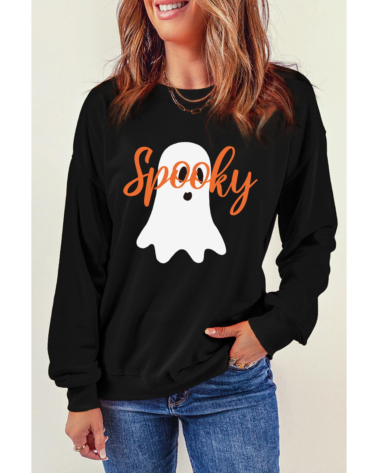 Black Halloween Spooky Ghost Print Crewneck Pullover Sweatshirt - L 4