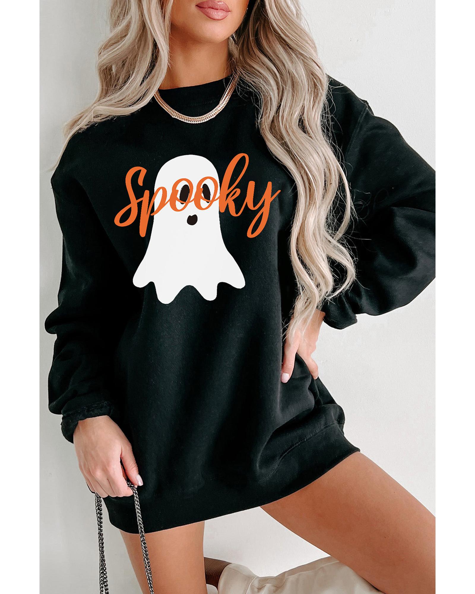 Black Halloween Spooky Ghost Print Crewneck Pullover Sweatshirt - L 6